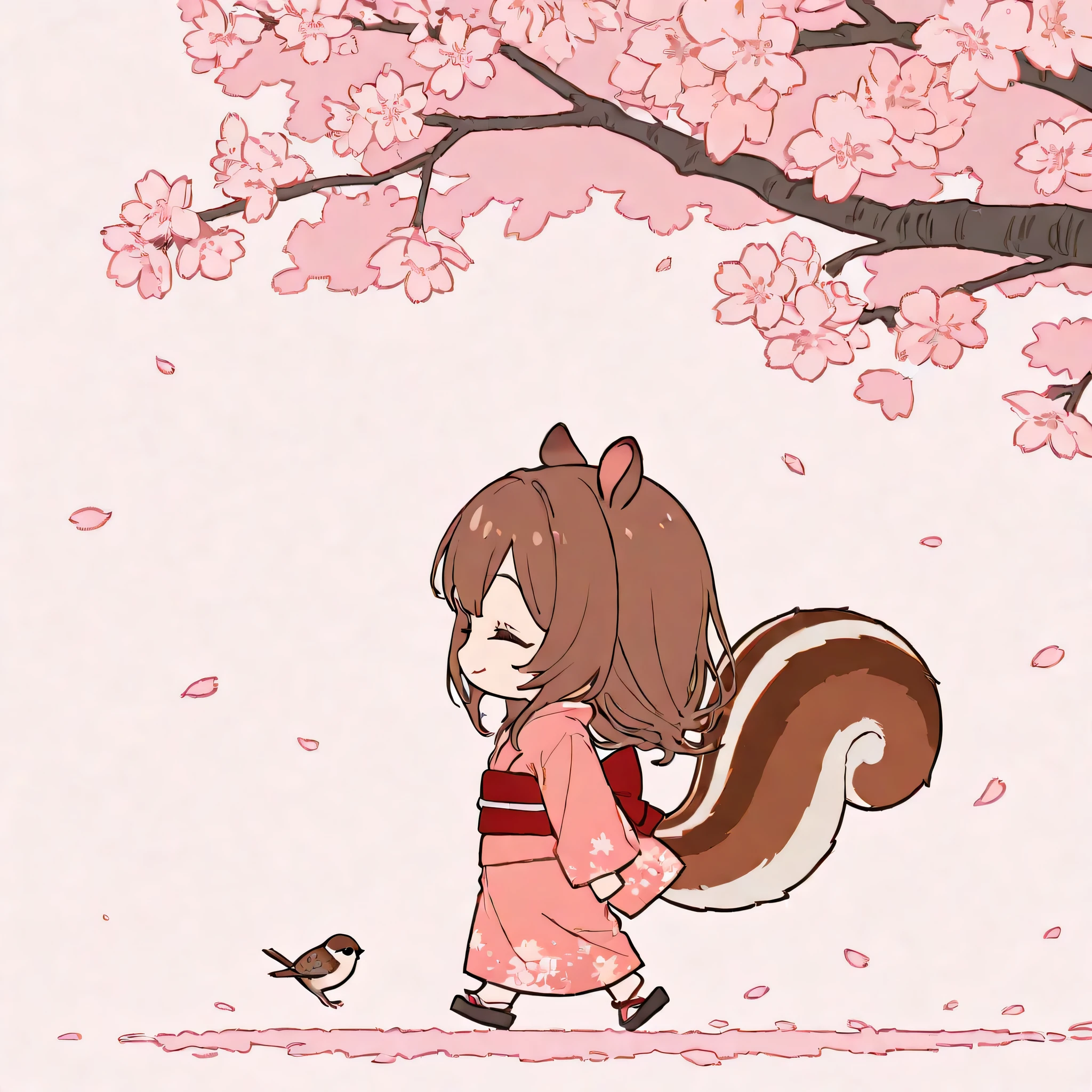 alone, girl\(( chibi:1.3), cute, cute, brown long hair, Sparrow Ears , ( eye closed ), smile, beautiful skin, Walking , kimono ,黄色い kimono, red band, squirrel tail , from side, full body\) Masterpiece, top quality, Very Aesthetic, nothing , is ridiculous , ( FLAT COLOR ), minimalist,Background is cherry blossoms ,