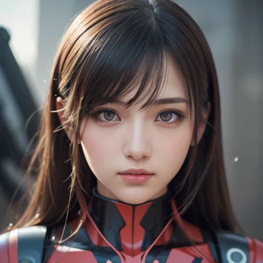 Masterpiece, best quality , Ultra Details, illustration, 1 girl, VERY DETAILED EVANGELION COSTUME, (Big Robot Background), detailed skin texture, beautiful detailed face, intricate detail in wet water, more details