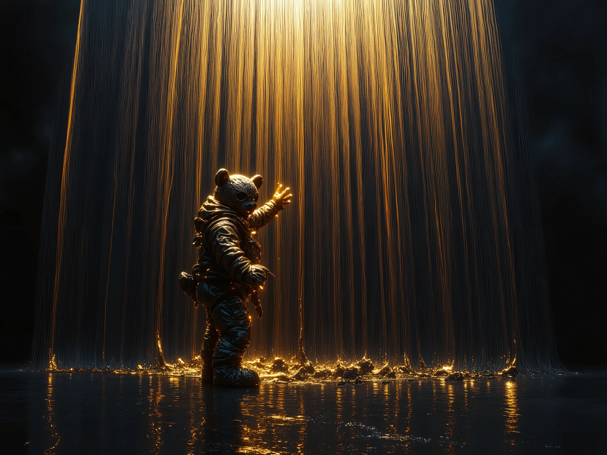 rubber teddy harribo stands in front of a shiny metal translucent wall curtain to another dimension, to which he reaches with his hand, from her hand wheels are made on the wall as on the surface of the water, gold flashes , sci-fi mystery mood