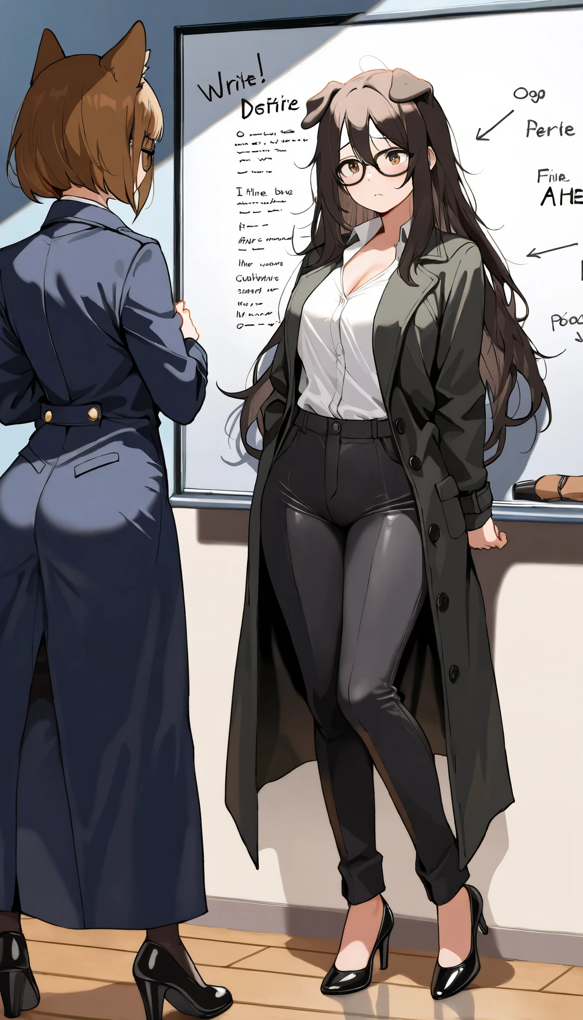 (((( masterpiece)))), (((( top quality)))), high res,fine grain, detailed face, Dog Detectives, sexy dog detective ,Hangover morning meeting 、Disheveled long hair、dog ears lady, 、 full body shot、 Long Coat 、 tight slacks、 black high heels、 black glasses , I write on a whiteboard 、Inference