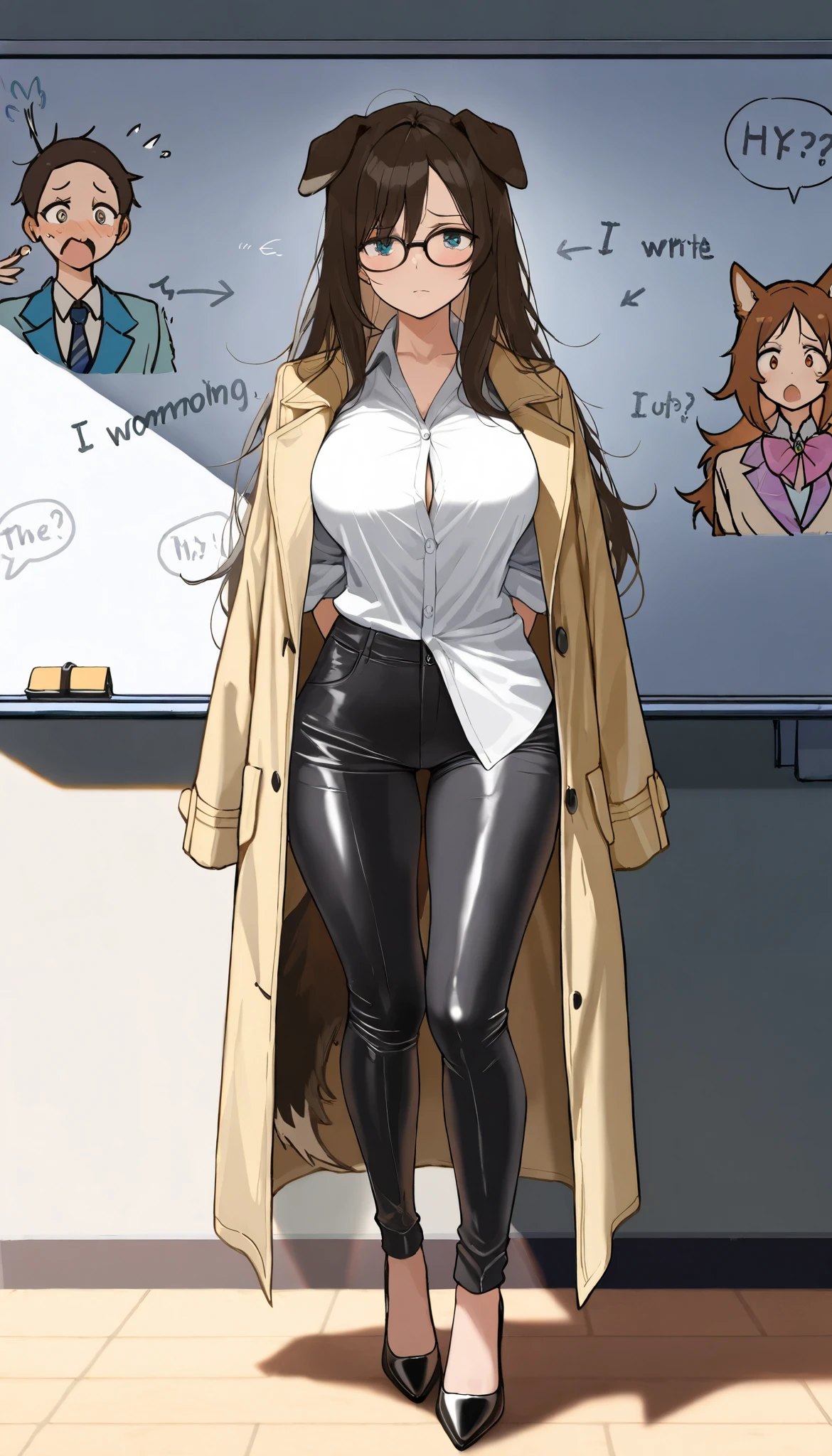 ((((  masterpiece)))), ((((  top quality)))),   high res,fine grain,  detailed face,  Dog Detectives,   sexy dog detective ,Hangover morning meeting 、Disheveled long hair、dog ears lady,  、 full body shot、 Long Coat 、 tight slacks、 black high heels、 black glasses ,  I write on a whiteboard 、Inference 