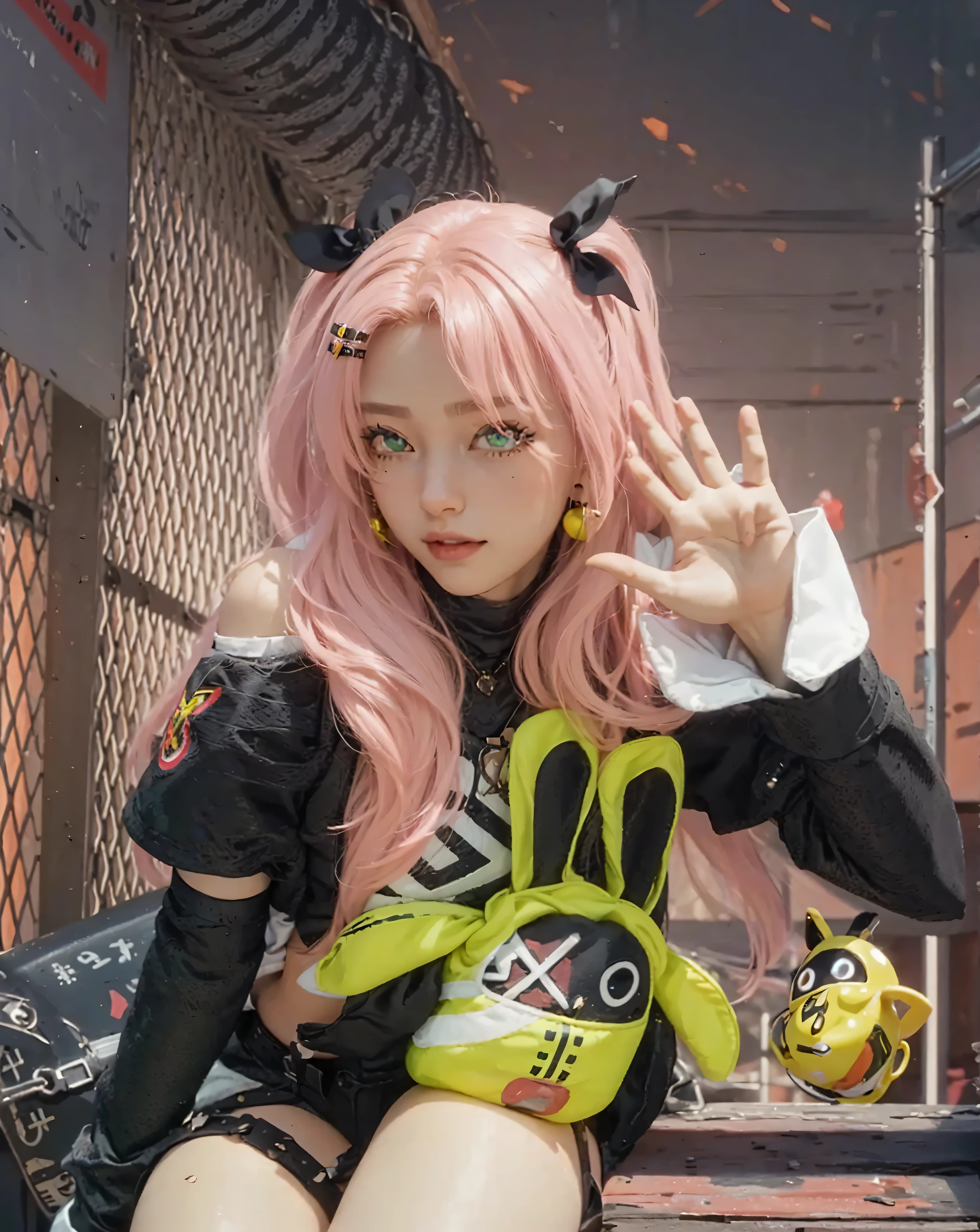 ((NICOLE DEMARA_ZENLESS ZONE ZERO)),((realistic, photorealistic)),(highlight hair)), Light reflection, (( HD )),((upper body)), (((best quality, masterpiece))), (masterpiece) (best quality) (detail) (8k) (HDR) (wallpaper) (cinematic lighting) (sharp focuasterpiece, best quality: 1.1), Real life adaption of this character, realistic outfit, realistic shadow, realistic light, realism, hyper realistic, realistic background,realistic hair,(photorealistic:1.2), (masterpiece: 1.2), (best quality: 1.3), (clear details: 1.3), ((((ultra-detailed)))), ((detailed eyes)), (extremely detailed face:1.4), (highly detailed eyelash:1.6), 1girl, nicole demara, tube top, single thighhigh, thigh strap, short shorts, cropped jacket, two side up, hair ribbon, hairclip, earrings, high belt, detached sleeves, doll, black collar, belt boots, single sock, looking at viewer, smile, open mouth, full body, arms up, jumping, midair, explosion, fire, depth of field mimoza \(96mimo414\), rei \(sanbonzakura\), mochi \(circle rin\), (rhasta, yonchan, watao, minaba hideo:0.95) masterpiece, best quality, amazing quality, very aesthetic, absurdres, newest, (scenery, volumetric lighting),nicoledemara, nicole demara, (green eyes:1.5), pink hair, hair ornament, hair ribbon, hairclip, long hair, mole, mole on breast, mole on thigh, mole under eye, two side up, ribbon, smirk, smile, open mouth, BREAK black footwear, black ribbon, black shorts, black socks, black thighhighs, boots, cleavage, crop top, earrings, jewelry, kneehighs, nail polish, necklace, o-ring, short shorts, shorts, single kneehigh, single sock, single thighhigh, socks, thigh strap, thighhighs, torn clothes,Wire fence background, afternoon, sitting position, golden bangboo, BREAK looking at viewer, (cowboy shot:1.5), BREAK (masterpiece:1.2), best quality, high resolution, unity 8k wallpaper, (illustration:0.8), (beautiful detailed eyes:1.6), extremely detailed face, perfect lighting, extremely detailed CG,Digital art,glow, (perfect hands)