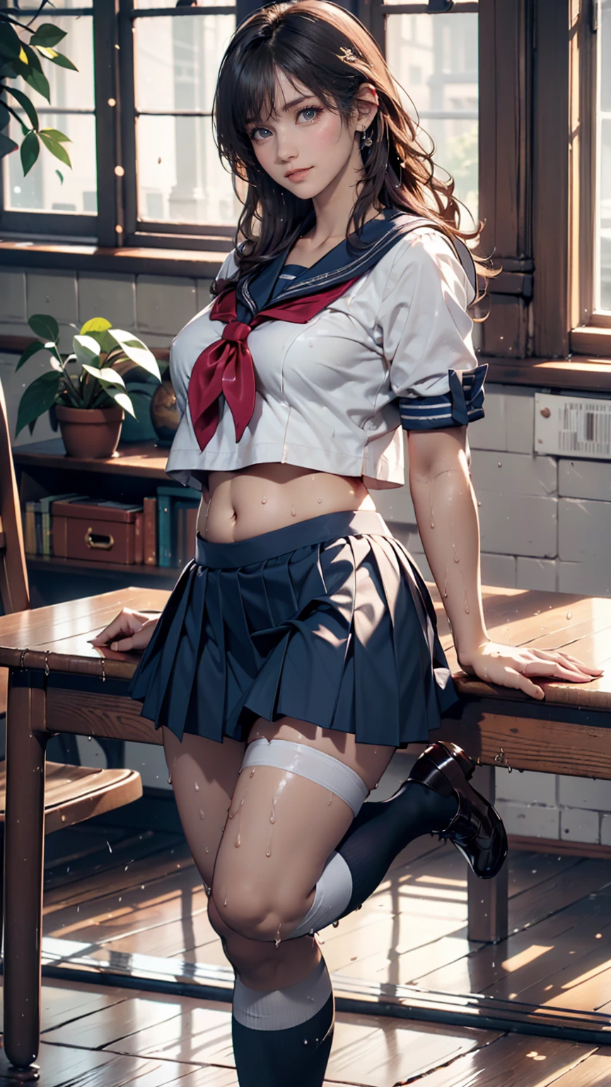 (8k, Foto RAW, La mejor calidad, Obra maestra:1.2), Ranma Chan, Ranma Red Shirt, red hair, braided belt, blue pants, martial art
　　RanmaChan, cabello rojo, Cabello con trenza, ojos azules, ojos detallados, cuerpo completo, pose open door   masterpiece, ultra quality, Beautiful detailed, extremely detailed,16K, exquisite, absurdity, highres, Beautiful background, Beautiful eye, Beautiful skin, anime style, 1girl, solo, looking at viewer, upper body focus, :1.5))), huge breasts, big ass, red_hair, single braids BREAK Ranma red_shirt, ranma black_pants, Black_kung fu_shoes BREAK cameltoe, cheeky smile, wide open mouth, double teeth, (masterpiece:1.2、best quality、Masterpiece)、1 female、Solitary、classroom、sky、sit、Blonde、Double tail、Red Eyes、(sleeveless sailor suit:1.25)、(dark skin)、Large Breasts、Pantyhose、Corset、Put your hands behind your head，Crazy breast swelling