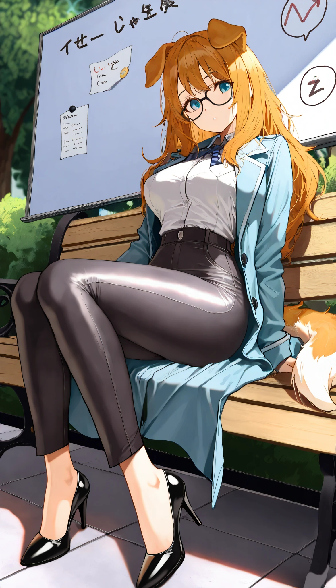 ((((  masterpiece)))), ((((  top quality)))),   high res,fine grain,  detailed face,  Dog Detectives,   sexy dog detective ,I'm lying on a park  、Disheveled long hair、dog ears lady,  、 full body shot、 Long Coat 、 tight slacks、 black high heels、 black glasses ,  I write on a whiteboard 、(Lie down on a park bench and are investigating the incident) 