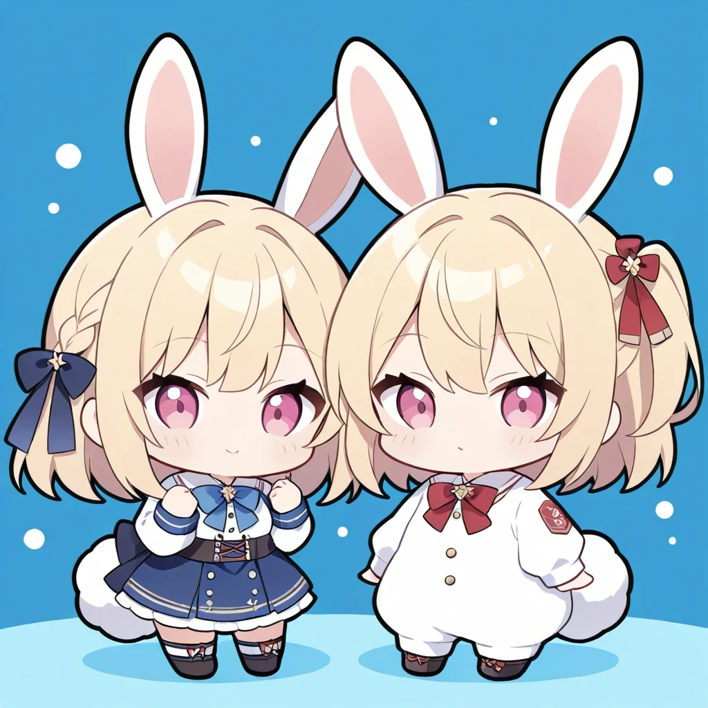 A cute little guy wearing a rabbit costume、fluffy、Loose、pastel colour、Highest quality、Masterpiece、Milky white hair color、kawaii tech,Blue rabbit stuffed toy、