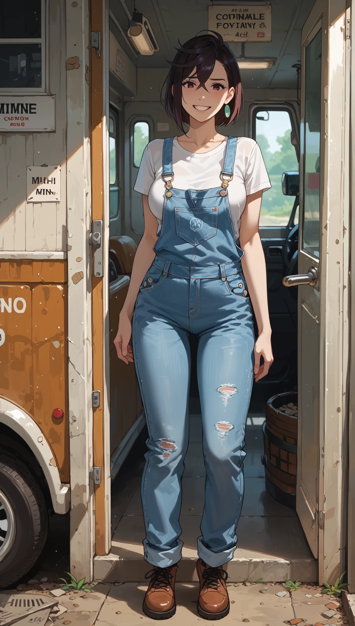 rape, Momose Momo 18 years old in orange convict overalls with a pickaxe in hand standing near a coal mine car at the entrance to a coal mine, overalls zipper unzipped to the waist, medium-sized breasts, short dark hair fluttering, wide apart, entrance to a coal mine visible in the background, loud onomatopoeic speech, smiling on her face, bright sunlight, full-length front view