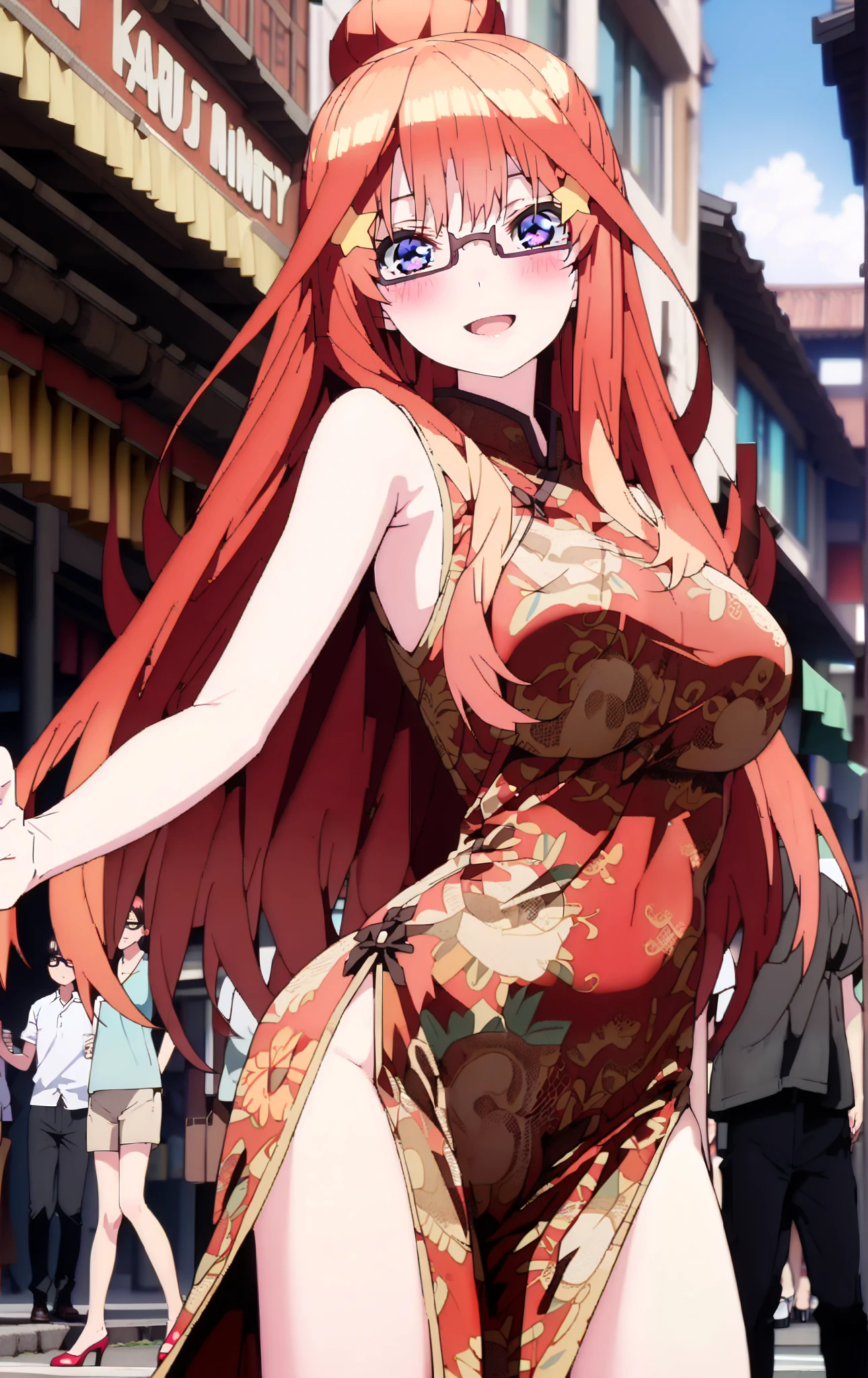 Mitsuri wearing saree, no blouse, hands raised, looking at viewer, armpits, standing in street, hair down