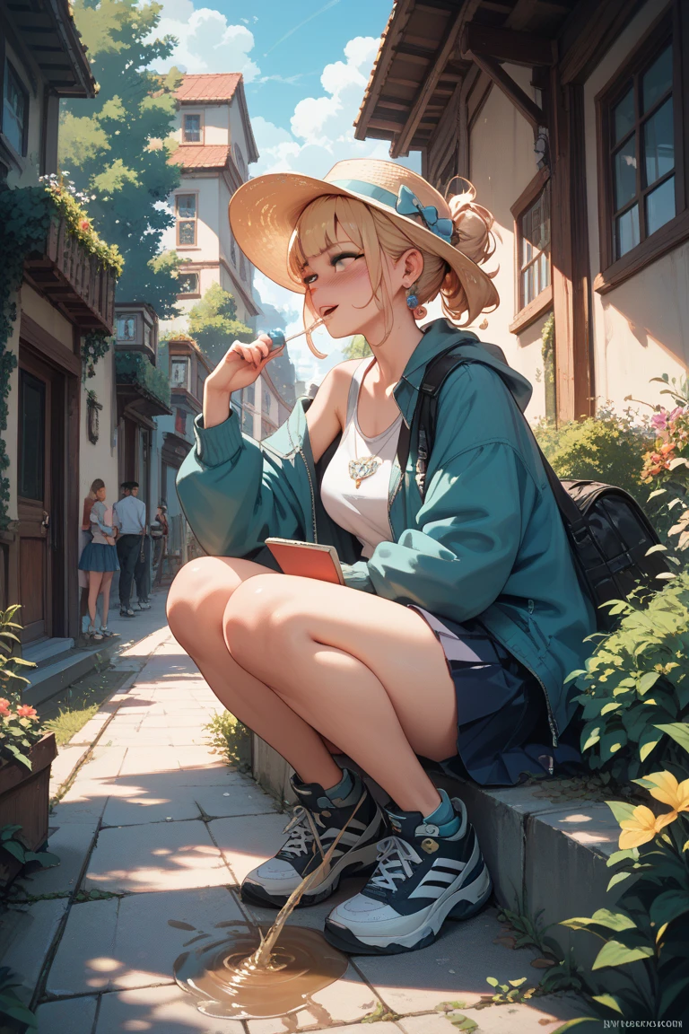 An anime girl sitting in a chair, With a hood, hood covers his eyes, Pout,Slight smile, Hold the sunflower in your arms,Sunflowers cover half of the face, black short skirt, black long socks, Swing woven with vines, Two mint leaves, simple line, high detal, --auto