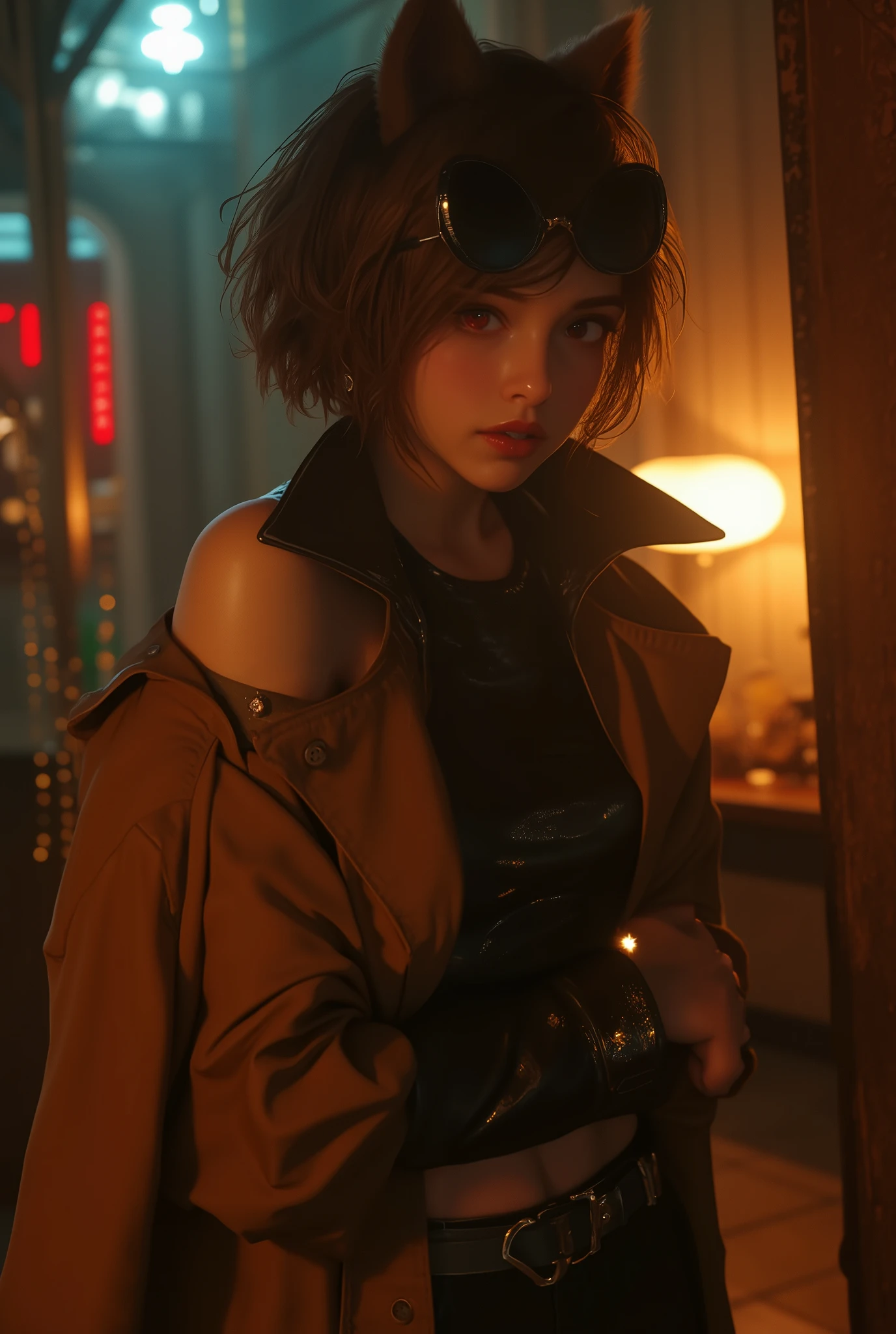 Dog ears girl, Dog Detectives girl, alone, chest, short hair, brown hair, red eyes, round sunglasses ,arm under chest other hand holding cigarettes, raise your arms, standing, busty and stylish, Shoulder Skin , off shoulder , sexy, brown trench coat 、leather tight shirt , Long Sleeve, , , night, Suspicious hotel lobby , masterpiece, top quality, is ridiculous , Investigation of an investigation into an investigation