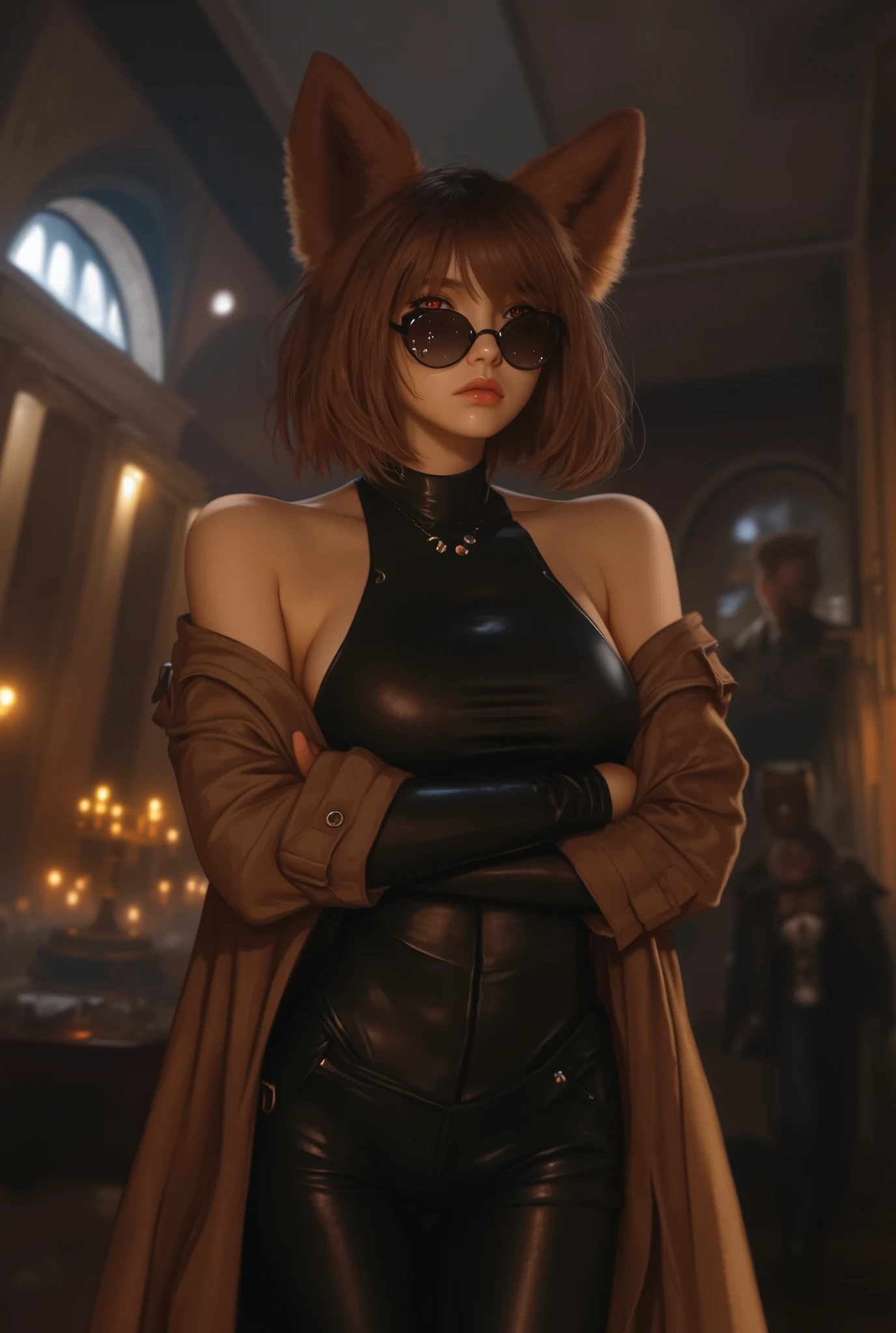 Dog ears girl, Dog Detectives girl, alone, chest, short hair, brown hair, red eyes, round sunglasses ,arm under chest other hand holding cigarettes, raise your arms, standing, busty and stylish, Shoulder Skin , off shoulder , sexy, brown trench coat 、leather tight shirt , Long Sleeve, , , night, Suspicious hotel lobby , masterpiece, top quality, is ridiculous , Investigation of an investigation into an investigation