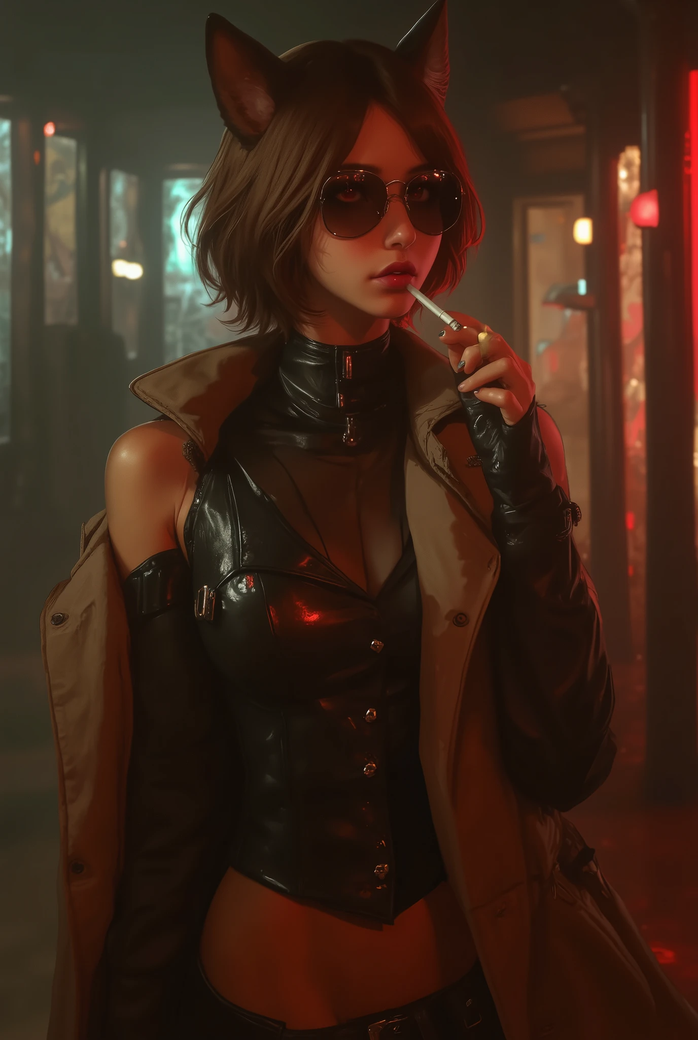 Dog ears girl, Dog Detectives girl, alone, chest,  short hair,  brown hair,  red eyes,  round sunglasses   ,arm under  chest other hand holding cigarettes,  raise your arms,  standing,   busty and stylish, Shoulder Skin  ,  off shoulder ,   sexy,  brown trench coat 、leather tight shirt ,   Long Sleeve,  ,   , night, Suspicious hotel lobby ,  masterpiece,  top quality,    is ridiculous ,　Investigation of an investigation into an investigation