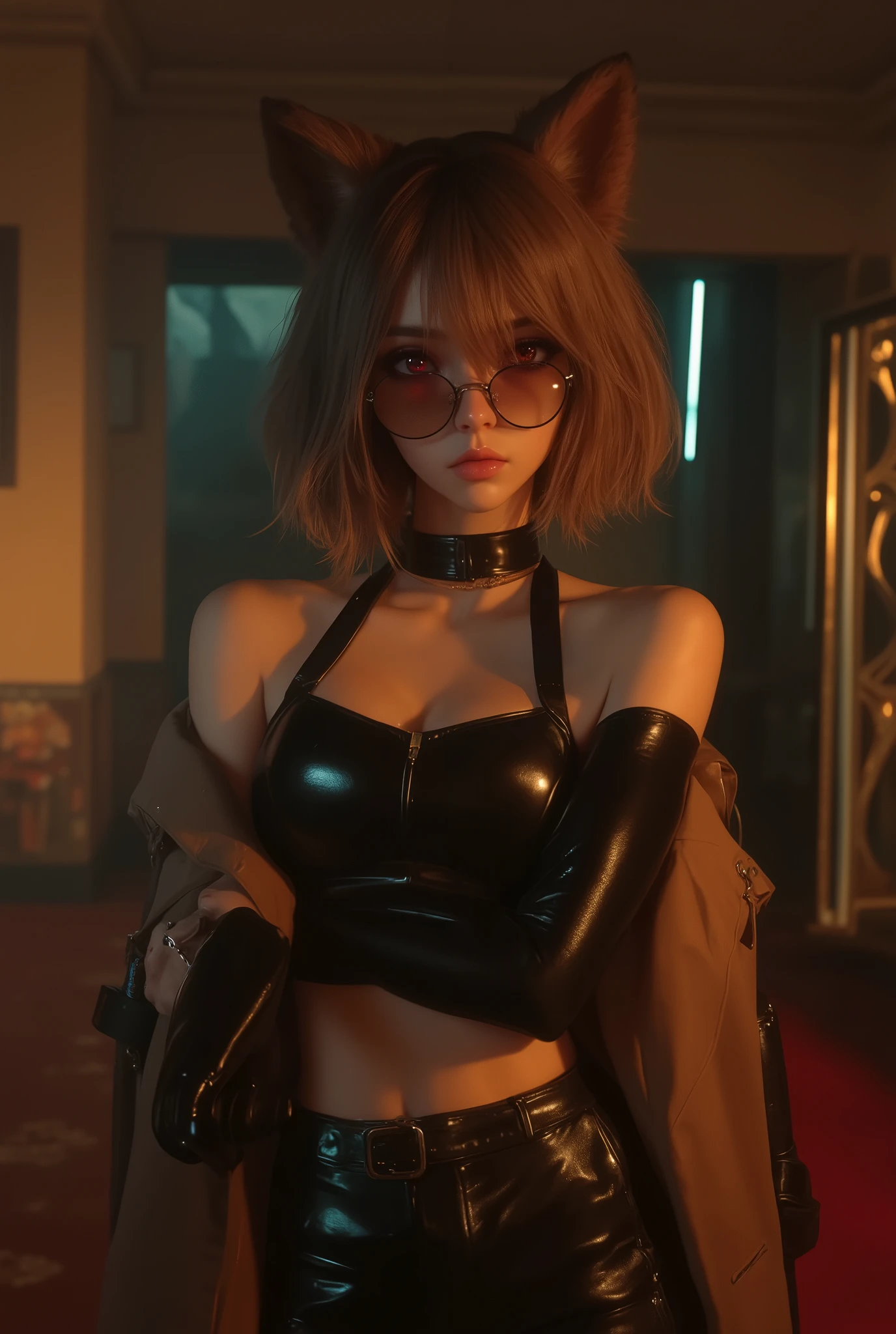Dog ears girl, Dog Detectives girl, alone, chest,  short hair,  brown hair,  red eyes,  round sunglasses   ,arm under  chest other hand holding cigarettes,  raise your arms,  standing,   busty and stylish, Shoulder Skin  ,  off shoulder ,   sexy,  brown trench coat 、leather tight shirt ,   Long Sleeve,  ,   , night, Suspicious hotel lobby ,  masterpiece,  top quality,    is ridiculous ,　Investigation of an investigation into an investigation