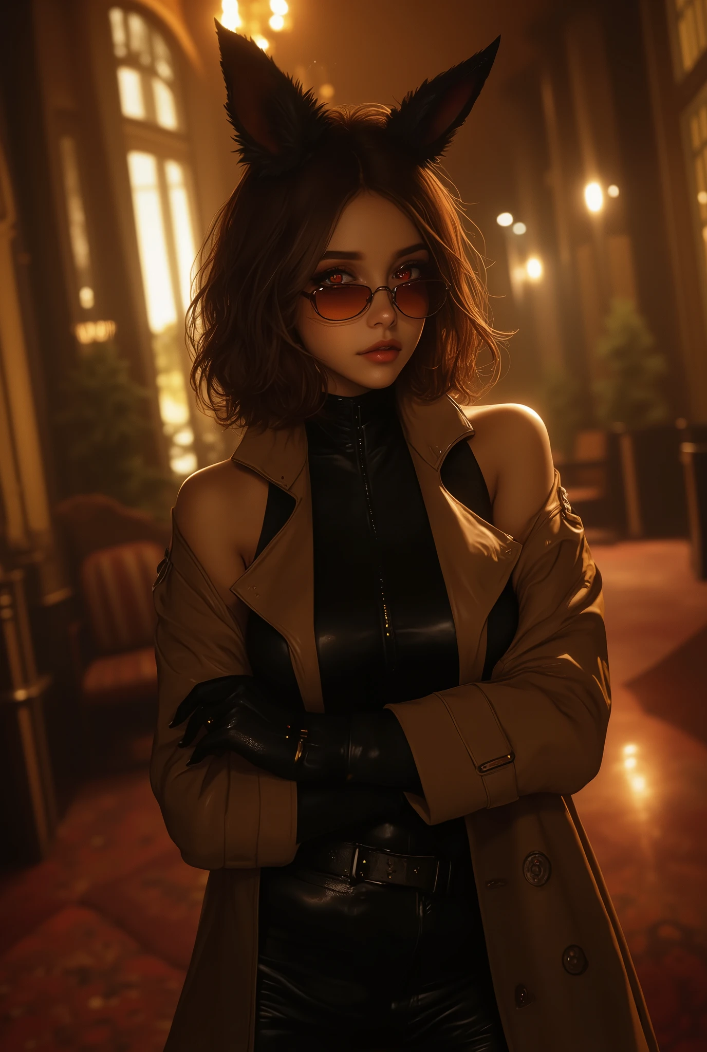 Dog ears girl, Dog Detectives girl, alone, chest,  short hair,  brown hair,  red eyes,  round sunglasses   ,arm under  chest other hand holding cigarettes,  raise your arms,  standing,   busty and stylish, Shoulder Skin  ,  off shoulder ,   sexy,  brown trench coat 、leather tight shirt ,   Long Sleeve,  ,   , night, Suspicious hotel lobby ,  masterpiece,  top quality,    is ridiculous ,　Investigation of an investigation into an investigation
