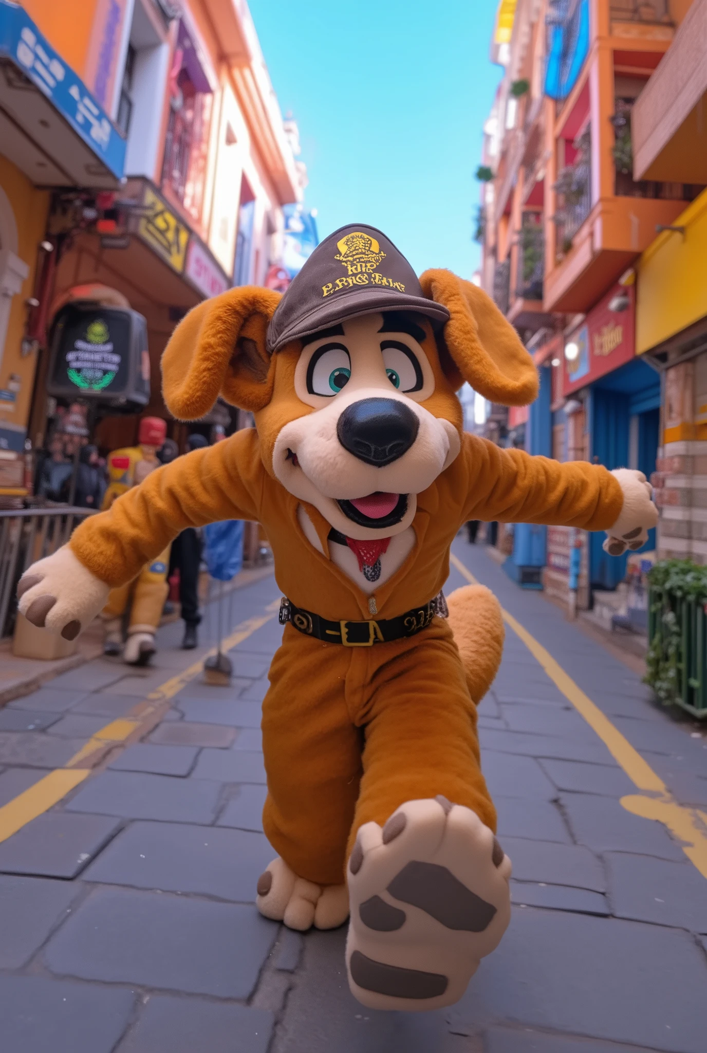 A detective in a dog costume is chasing the culprit、 comical scene 