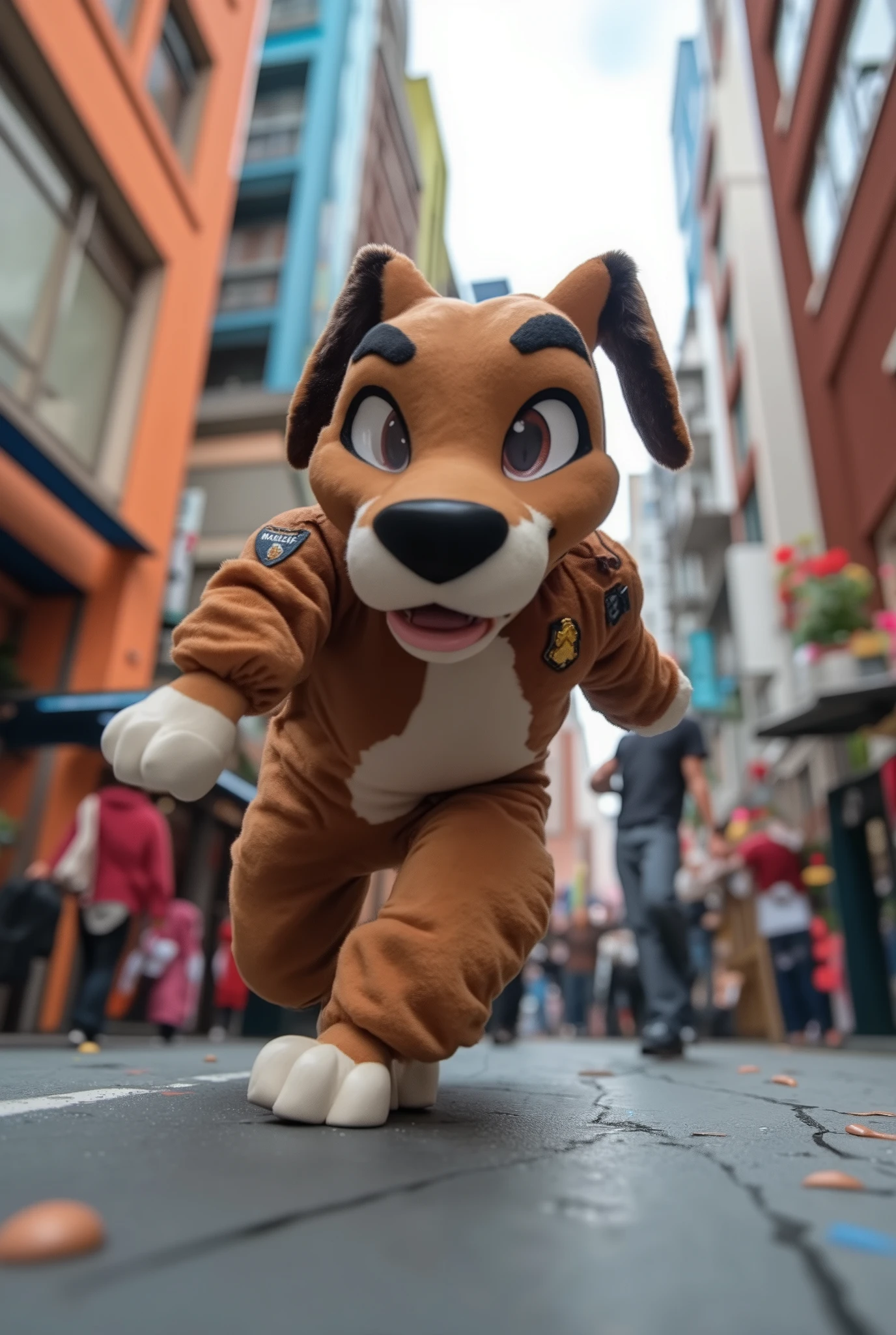 A detective in a dog costume is chasing the culprit、 comical scene