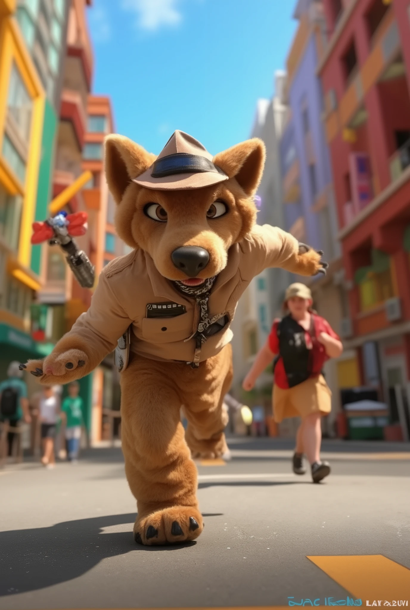 A detective in a dog costume is chasing the culprit、 comical scene