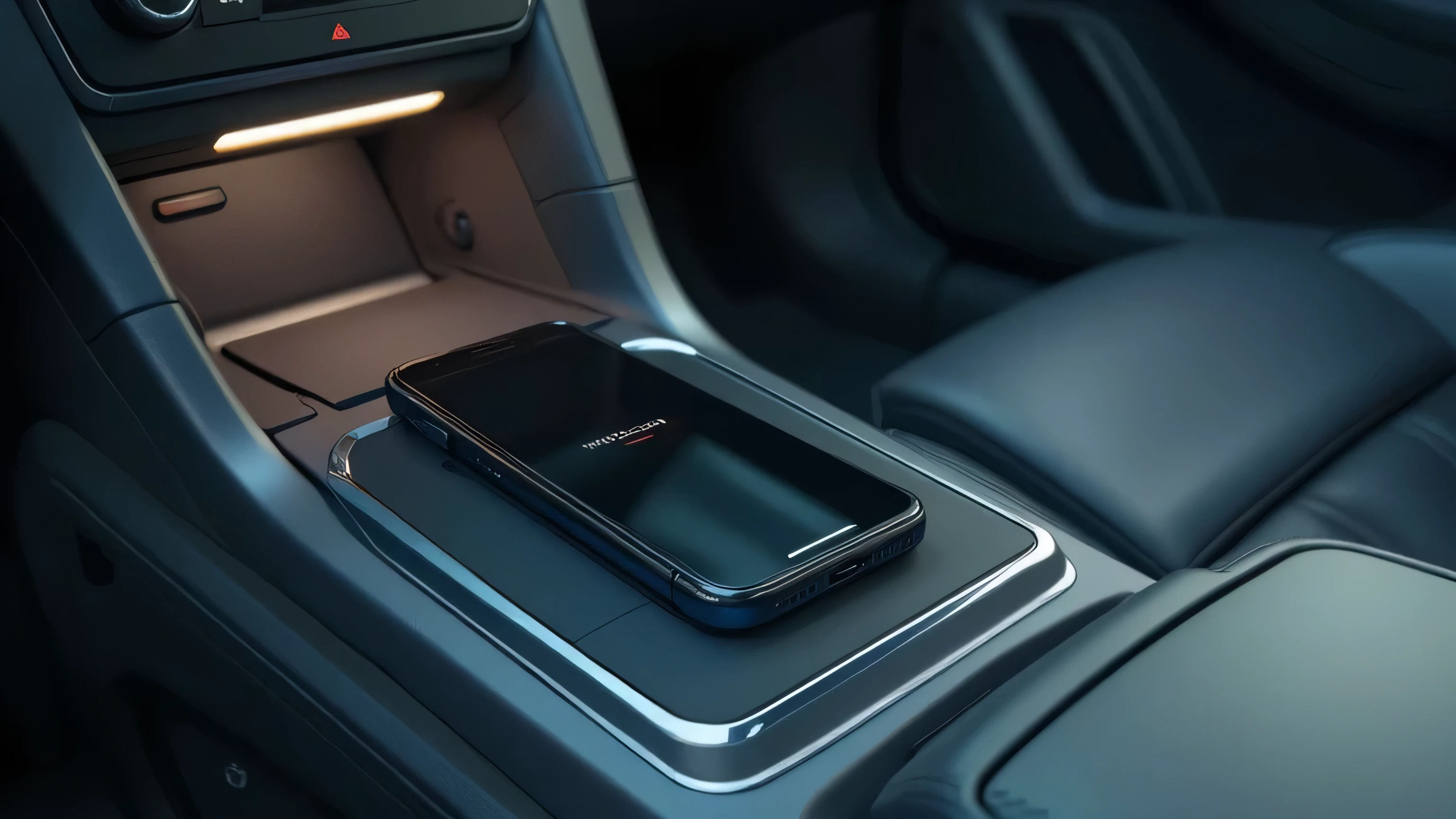 A realistic cinematic ultra HD 8K image of a wireless charging pad inside the 2026 Ford Ecosport’s center console. A smartphone is placed on the pad, displaying a charging icon. The interior lighting softly illuminates the console, highlighting the modern and high-tech ambiance of the car’s cabin. The premium materials surrounding the console add to the luxurious feel.  
