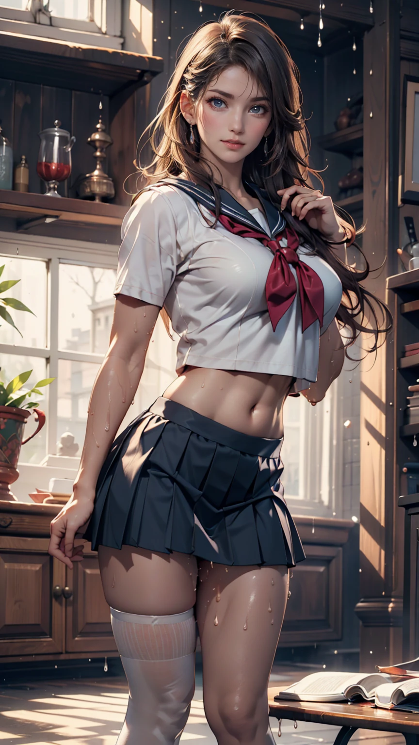 1girl, Amazing face and eyes, (extremely detailed beautiful face), (School uniform, pleated mini skirt:1.3), (Best Quality:1.4), (Ultra-detailed), (Ultra realistic, photo-realistic:1.37), beautiful fair skin, extremely detailed CG unified 8k wallpaper, raw photos, professional photograpy, cinematic lighting, indoors, ((shopping centers)), (Women's underwear department:1.8), (Lots of cute underwear lined up:1.8), stand in front of the mirror and look at yourself,