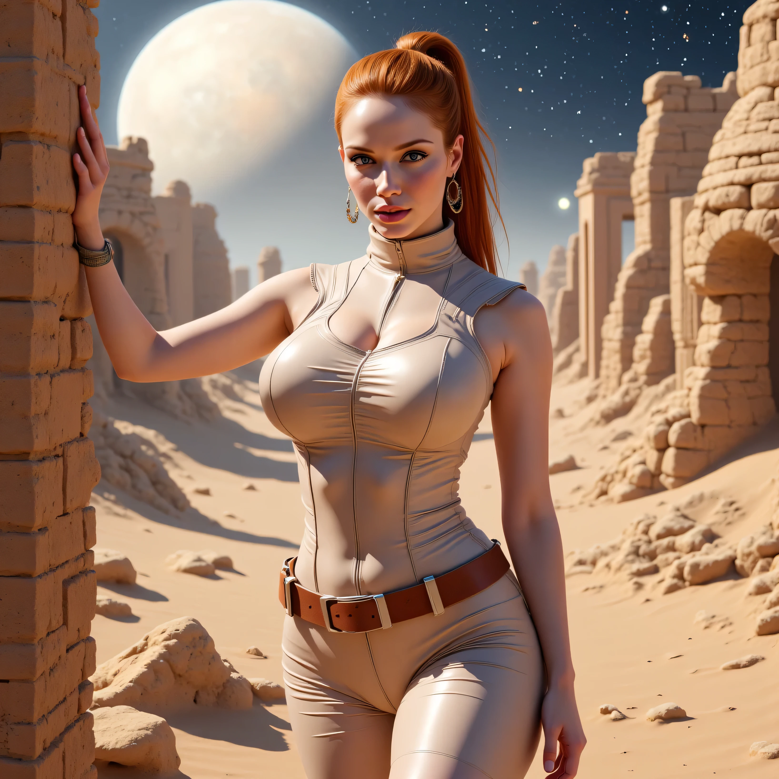Christina Hendricks as a beautiful space explorer woman, planetary dry landscape scene, subject is standing in dusty ancient ruins on an alien planet, Barbarian Sci-Fi Scene, woman has auburn hair held in a long shiny pony tail, hoop earrings, modeling side pose, fit and feminine, form fitted pastel leather space uniform finished with mesh material at the joints, wearing a utility waist belt with holster, beautiful almond-shaped ice-blue eyes, evocative makeup, false eyelashes, matching lipstick, lips parted, sun stars and galaxies in the sky above, long shadows, Looking at viewer,