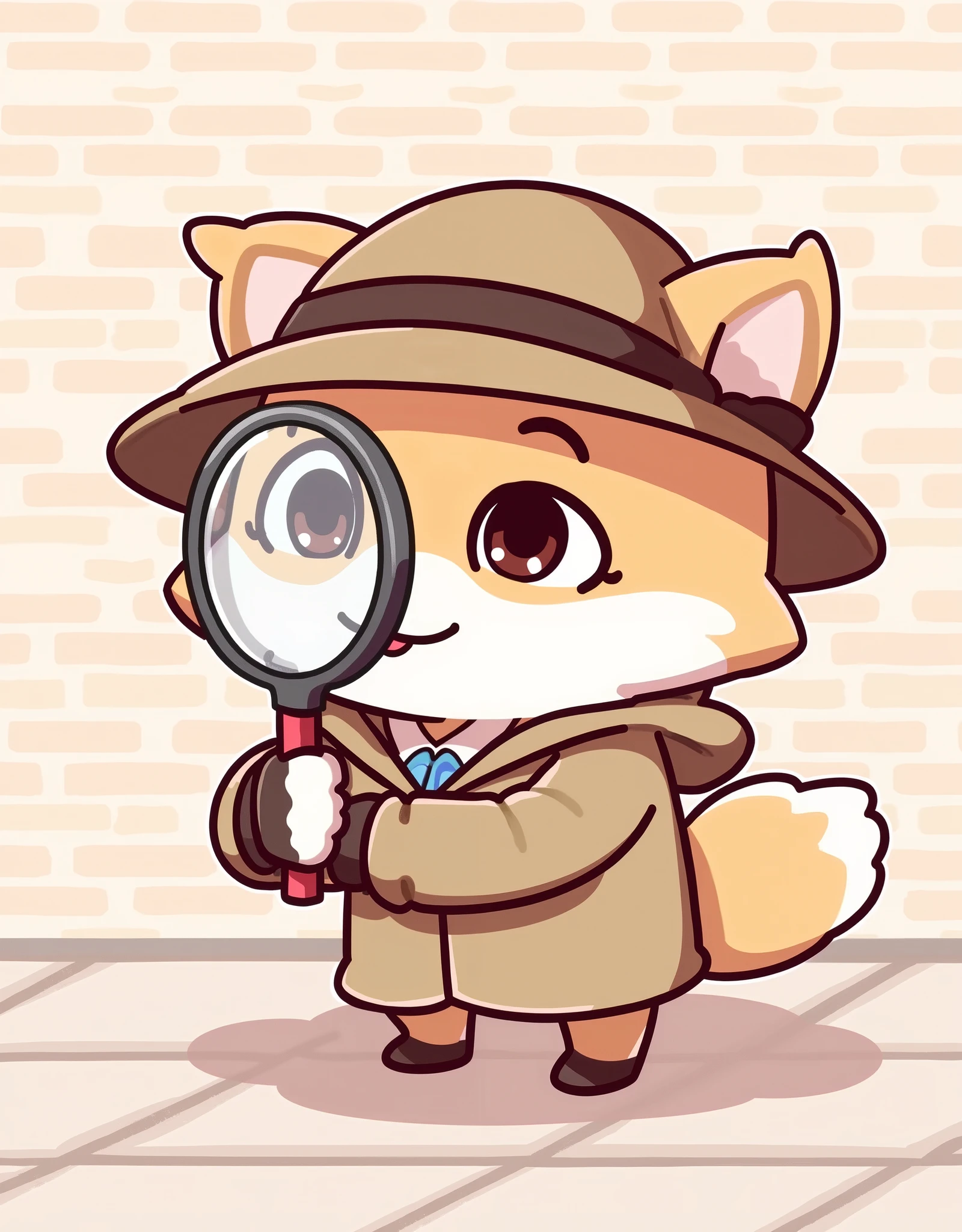 ( masterpiece:1.2, best illustration),8k16k, wallpaper,(Dog Detective:2.0),( I'm looking at this by looking at the magnifying glass:2.0),(My eyes look big on the magnifying glass ),(He's wearing a detective costume :2.0),( minimalist:2.0),( cute:1.6),( anime artwork:1.6),( vector art :1.6),(SAN-X style :1.6),(r brick background :1.6),( line art :1.6),( pastel colors :1.6)
