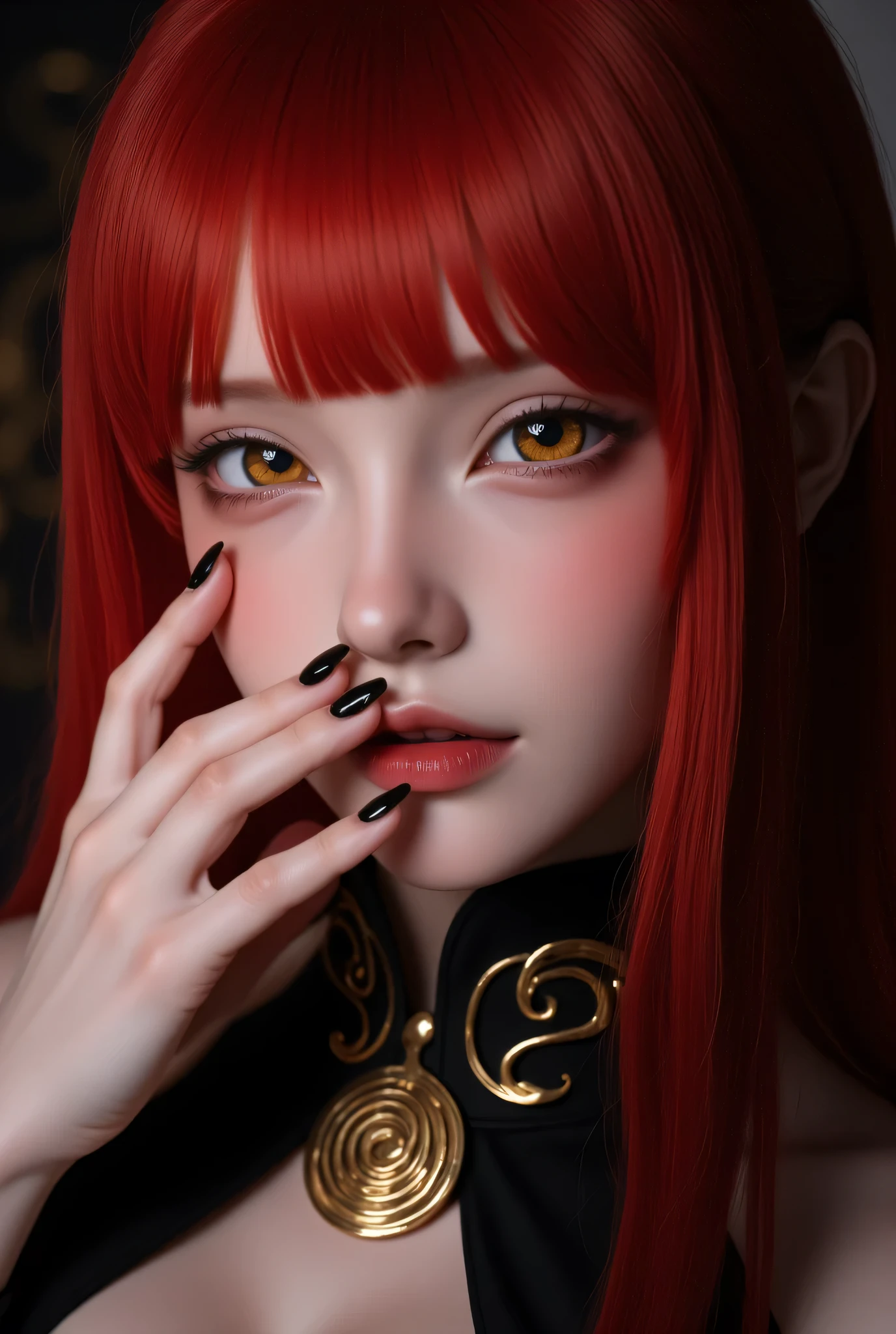 score_9, score_8_up, score_7_up, score_6_up, score_5_up, score_4_up, 1girl, solo, seductive expression,(masterpiece)), Highest quality, Very detailed,(One Girl), master piece, best quality, score_9, score_8_up, score_7_up, score_6_up, score_5_up, score_4_up, masterpiece, best quality, very aesthetic, absurdres, Score_9, Score_8_up, Score_7_up, Score_6_up, Score_5_up, Score_4_up, Source_anime, Tag1, Tag2, Best quality, High quality, Detailed, High resolution, 8k, Ultra highres, Soft saturation, Professional quality, Perfect contrast, Perfect lighting, Anatomically correct, Sensual woman, young female, seductive BREAK Face focus, detailed face focus. Sexy Idol Girl, white skin, Good style, dynamic and sexy pose, Create an image of a striking character with long, vibrant red hair and captivating golden eyes featuring spiral patterns. She has a seductive expression, with glossy lips and sharp, elegant nails. Her hand gently rests on her face, and she wears a stylish outfit with a high collar and a decorative emblem on the chest. The lighting is dramatic, highlighting her features in a slightly mysterious and alluring atmosphere. Emphasize a blend of elegance and an enigmatic charm in the overall composition.