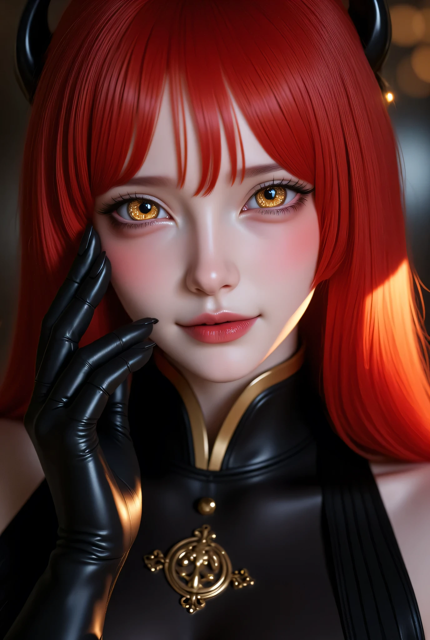 score_9, score_8_up, score_7_up, score_6_up, score_5_up, score_4_up, 1girl, solo, seductive expression,(masterpiece)), Highest quality, Very detailed,(One Girl), master piece, best quality, score_9, score_8_up, score_7_up, score_6_up, score_5_up, score_4_up, masterpiece, best quality, very aesthetic, absurdres, Score_9, Score_8_up, Score_7_up, Score_6_up, Score_5_up, Score_4_up, Source_anime, Tag1, Tag2, Best quality, High quality, Detailed, High resolution, 8k, Ultra highres, Soft saturation, Professional quality, Perfect contrast, Perfect lighting, Anatomically correct, Sensual woman, young female, seductive BREAK Face focus, detailed face focus. Sexy Idol Girl, white skin, Good style, dynamic and sexy pose, Create an image of a striking character with long, vibrant red hair and captivating golden eyes featuring spiral patterns. She has a seductive expression, with glossy lips and sharp, elegant nails. Her hand gently rests on her face, and she wears a stylish outfit with a high collar and a decorative emblem on the chest. The lighting is dramatic, highlighting her features in a slightly mysterious and alluring atmosphere. Emphasize a blend of elegance and an enigmatic charm in the overall composition.