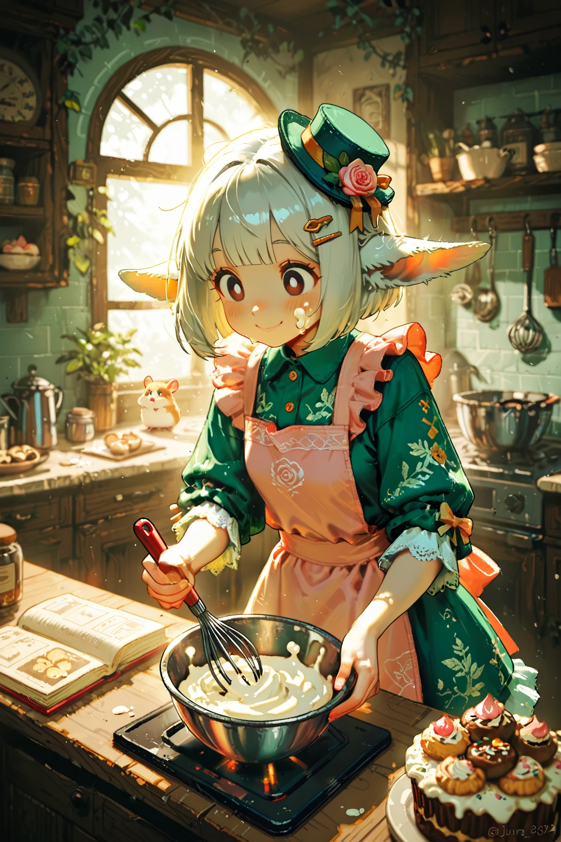 score_9, score_8_up, score_7_up, UHD, Masterpiece, amazing quality, very aesthetic, absurdres, ultra-detailed, 1girl\solo\(elf, pointed ear:1.3, silver bob cut,  mini hat\pink rose\lace, Intricate:1.3\Green leaf dress\frill, lace), (magic\wind & light magic:1.3, smile), BREAK, BREAK, (Cute animal hamster\animal, Djungarian, round eyes, fluffy fur), BREAK, BREAK, BREAK, panorama:1.2, cinematic:1.3, baking sweets

detailed features:
(delicate facial features:1.3), (gentle smile:1.2), fair skin, round eyes, (slight flour on cheeks:1.1), kitchen background

clothing details:
pastel colored apron, frilly dress underneath, hair clips, (rolled up sleeves:1.2)

baking elements:
mixing bowl, whisk, (cookie dough:1.2), decorated cupcakes, pastry tools, kitchen counter, (sprinkled flour:1.1), cookbook

lighting and atmosphere:
soft lighting, warm kitchen atmosphere, afternoon sunlight through window, cozy interior

Negative prompt:
bad , bad proportions, extra limbs, lowres, blurry, text, watermark, oversized ears, adult features, messy background, dark atmosphere
