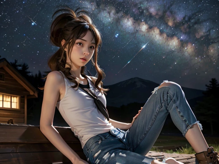 (best quality, 64k, Masterpiece, spherical body A captivating digital painting of a young woman sitting cross-legged on a reflective surface under a star-filled sky. She has a delicate, thoughtful expression, with large, soft eyes and slightly flushed cheeks. She is wearing a simple white crop top that reveals her midriff, paired with denim shorts. A stylish brown leather belt with a prominent golden buckle rests around her waist. The background is a mystical, mountainous landscape illuminated by a cosmic nebula and distant stars. Glowing orbs of light float around her, adding to the ethereal and dreamlike atmosphere. The overall scene blends elements of fantasy and science fiction, creating a serene yet mysterious mood."