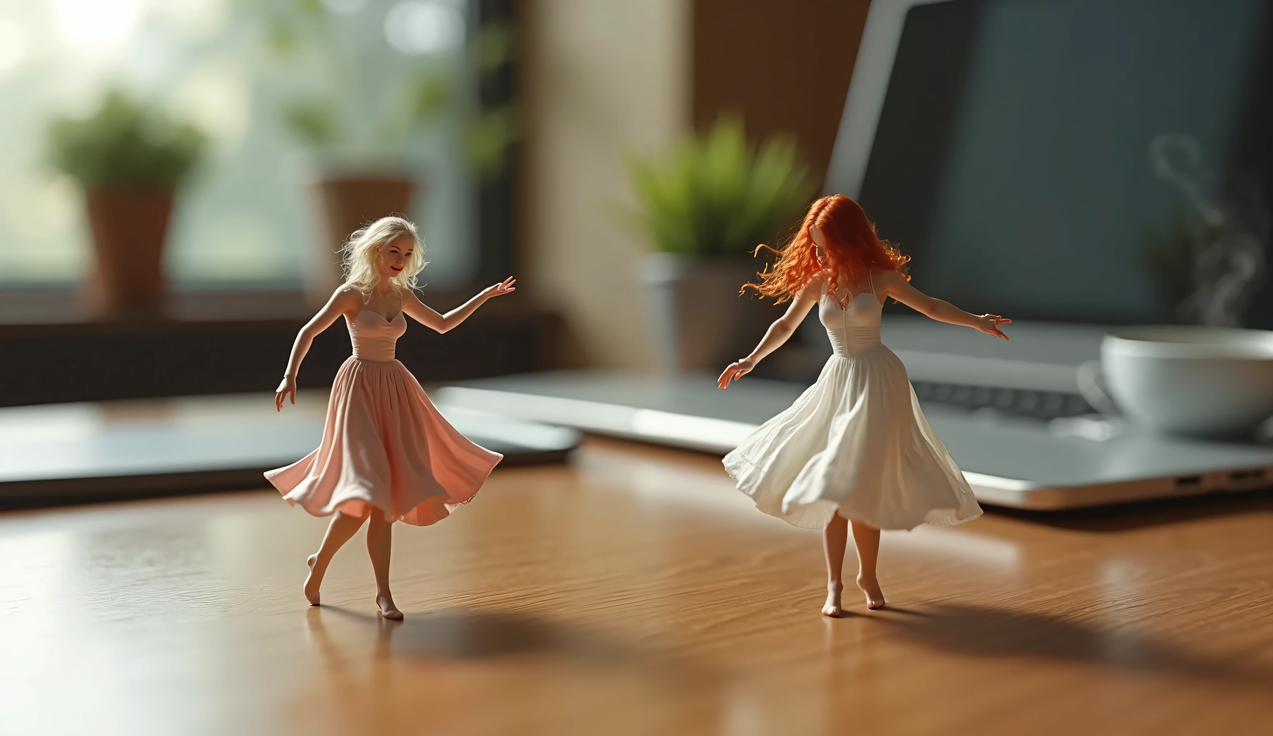 Two miniature thumb-sized beautiful adult women, albino, blonde hair, redhead, playing together on a modern wooden office desk. Dancing joyfully on the desk surface, wearing sexy long dress. The scene includes a sleek laptop with an open screen, a smartphone lying beside it, and a steaming cup of coffee. The setting is realistic and highly detailed, capturing the contrast between the tiny persons and the everyday workspace environment.