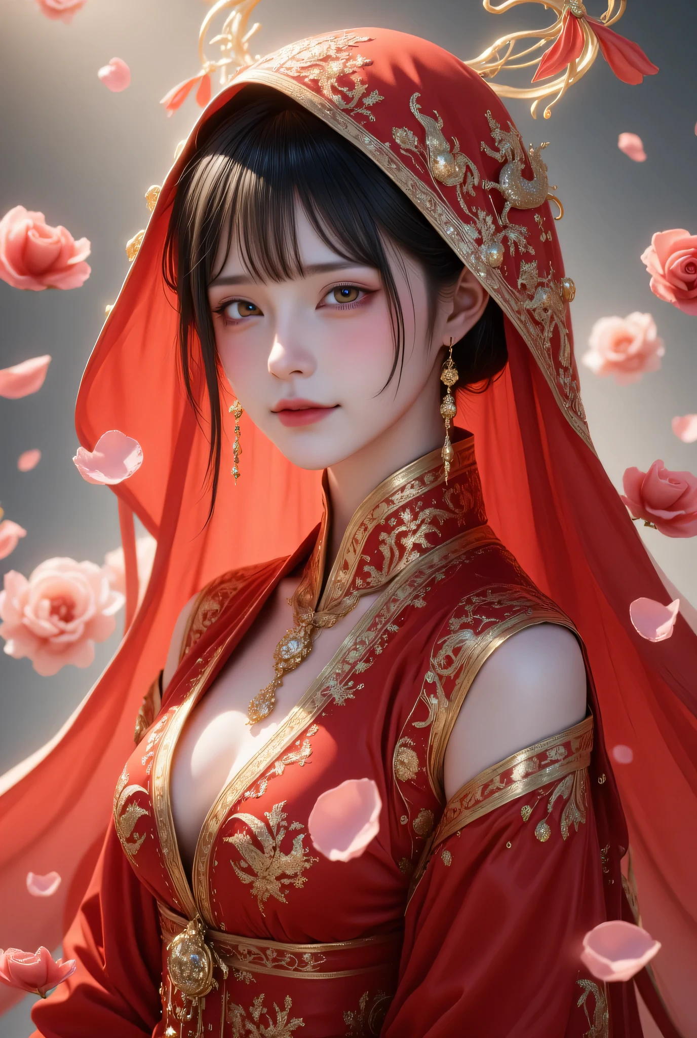 score_9, score_8_up, score_7_up, score_6_up, score_5_up, score_4_up, 1girl, solo, seductive expression,(masterpiece)), Highest quality, Very detailed,(One Girl), master piece, best quality, score_9, score_8_up, score_7_up, score_6_up, score_5_up, score_4_up, masterpiece, best quality, very aesthetic, absurdres, Score_9, Score_8_up, Score_7_up, Score_6_up, Score_5_up, Score_4_up, Source_anime, Tag1, Tag2, Best quality, High quality, Detailed, High resolution, 8k, Ultra highres, Soft saturation, Professional quality, Perfect contrast, Perfect lighting, Anatomically correct, Sensual woman, young female, seductive BREAK Face focus, detailed face focus. Sexy Idol Girl, white skin, Good style, dynamic and sexy pose, Create an image of an ethereal figure wearing a striking red traditional outfit adorned with intricate gold embroidery. The outfit features ornate designs, including dragons, and is complemented by a flowing red hood. The figure's face is partially obscured, conveying a sense of mystery and elegance. Delicate jewelry hangs from the hood, glimmering with jewels and intricate details. Surround the figure with floating rose petals, enhancing the enchanting atmosphere of the scene. The background should be softly blurred, focusing attention on the figure, with subtle lighting that adds a mystical glow.