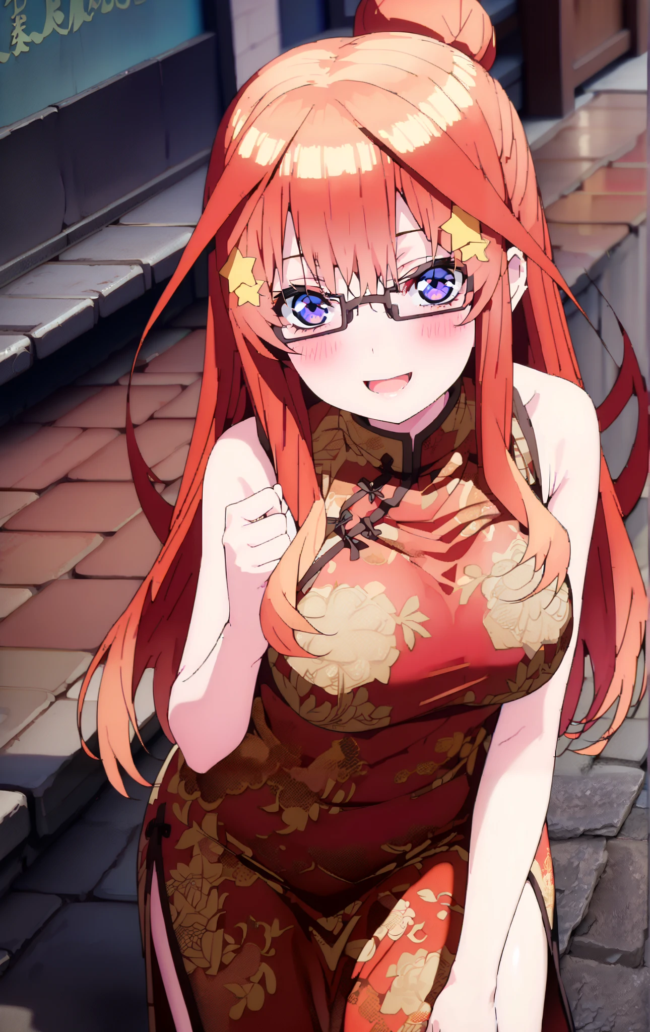 Nakano Mizuki , long hair, blue eyes, hair ornament, red hair, hair bun , star ( symbol ), Lick the boy's penis with half-framed glasses , glasses under the rim, star hair ornament, smile,blush, open the mouth,sleeveless red china clothes,Big Breasts,Long slit,Bare legs, pin heels, standing,noon, angle from below,whole bodyがイラストに入るように,
break outdoors, Chinatown,
break looking at viewer,whole body,
break ( Masterpiece:1.2), top quality , kampala, Unity 8k Wallpaper,(shape:0.8),( fine, beautiful eyes :1.6),It's a person ,whole body写真,CG Details , ( perfect hands, Complete Anatomy),