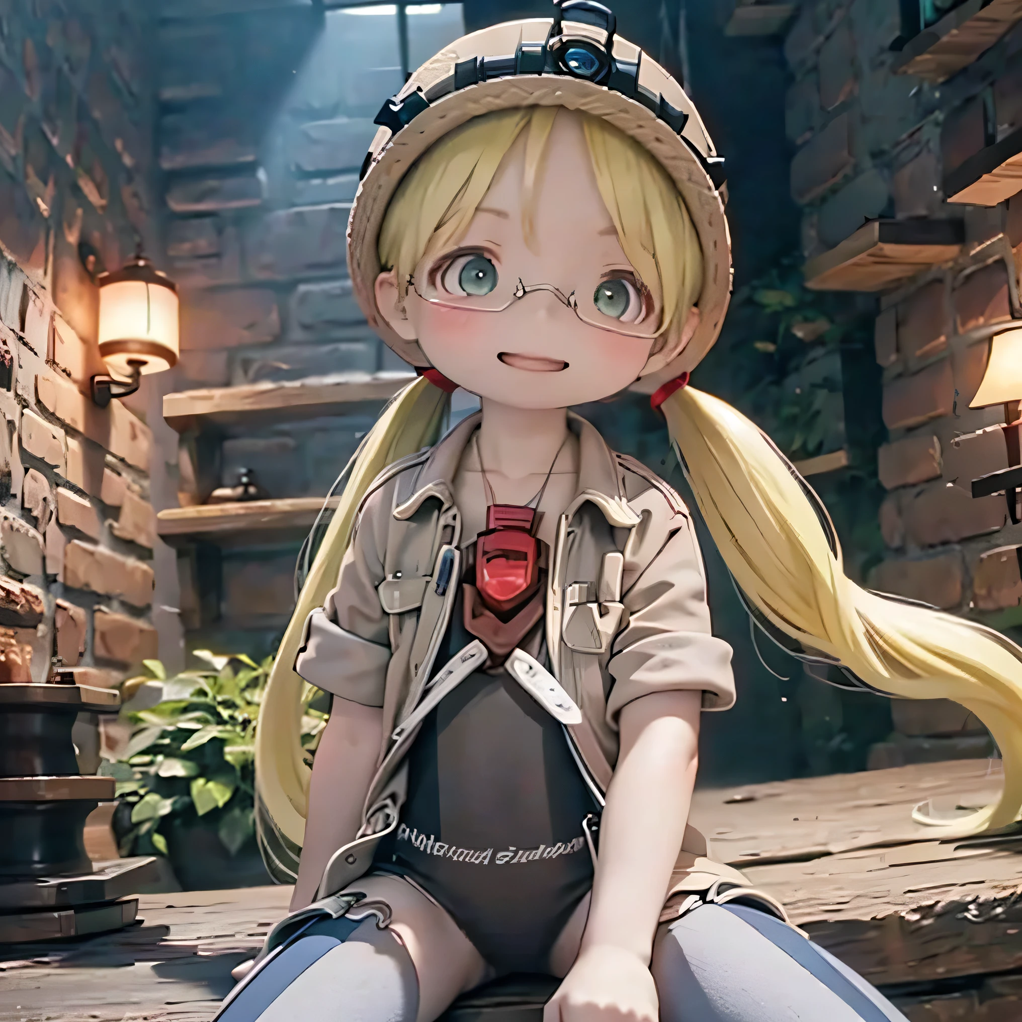  super detailed, Depiction of Rico from Made in Abyss  ,   wearing black-rimmed glasses
 A smile straddling