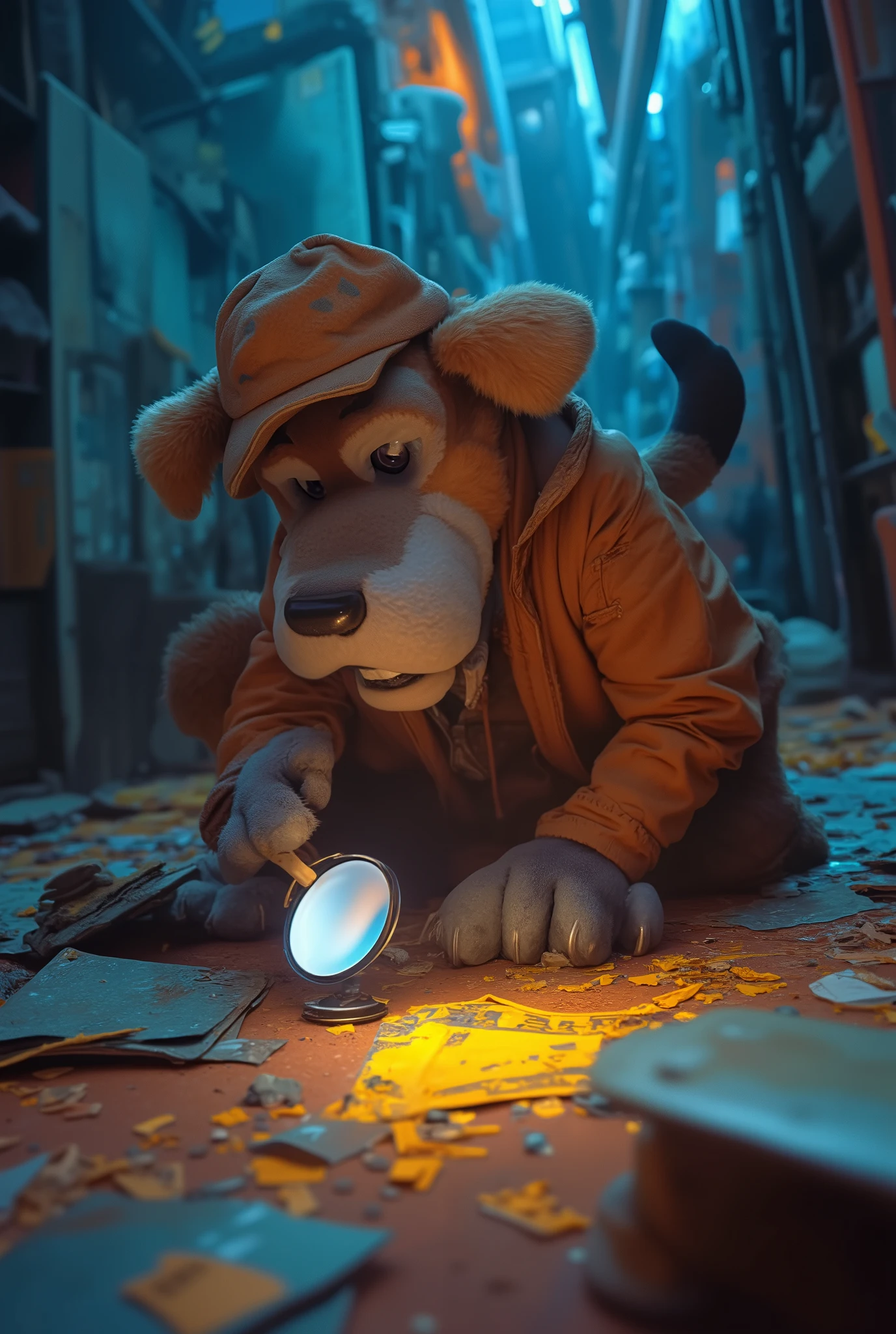 A detective in a dog costume is searching the murder scene with a magnifying glass、 comical scene 