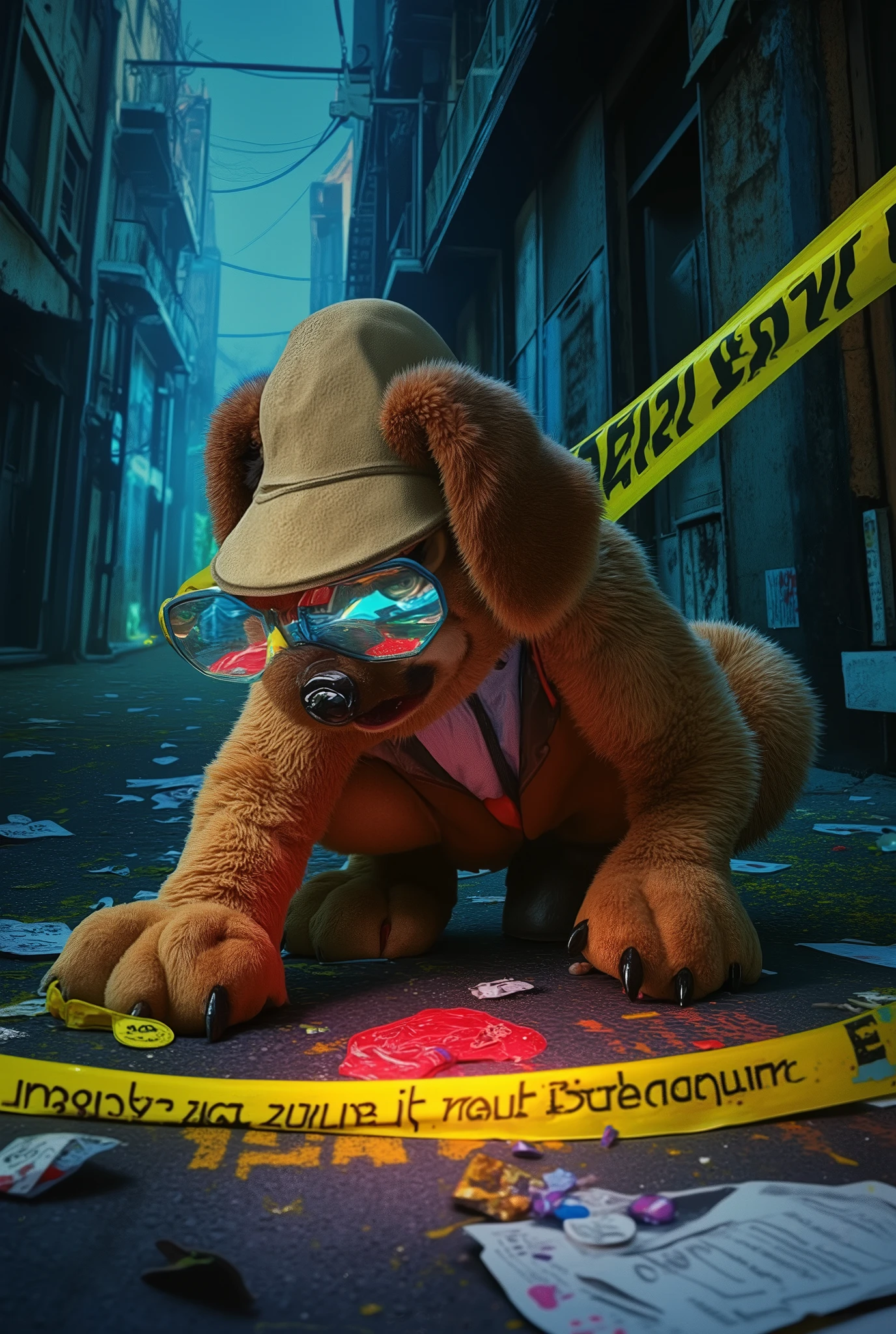 A detective in a dog costume is searching the murder scene with a magnifying glass、 comical scene