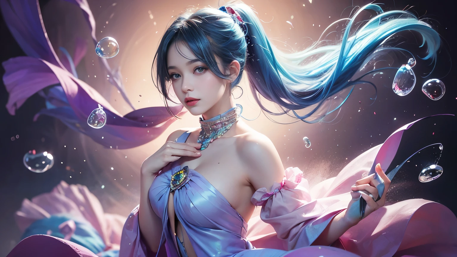 (masterpiece), (Highest quality), (Very detailed), (Disheveled Hair), (shape), (One Girl), (Fashionable clothes), Are standing, Fashion Model, Beholder, (interview), (Simple Background), Beautiful and beautiful eyes, Delicate and beautiful face, floating, (High chroma), (Colorful Splash), Colorful bubbles, (Shine), Focus on the face, ponytail, Light blue hair, bangs, Hair Ring, floating Flowers, floating Hairs, (The Shining), Best lighting, Best Shadow, Big, firm, swaying breasts