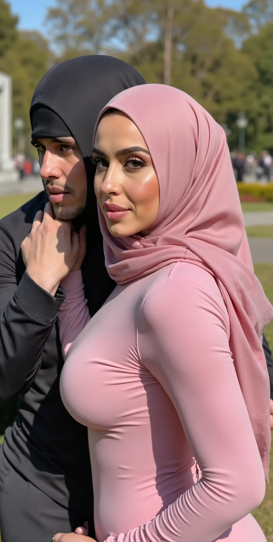 Aaliyah Alat, brunette, elegant pink hijab, expressive eyes, focus on eyes, neckline, sunny day, neckline, above view, in park, sexy pose, pale skin, tight clothes, pink dress, focus on neckline, in front of a mausoleum,standing behind an extremely dark male grabbing her lower back, tight hijab,