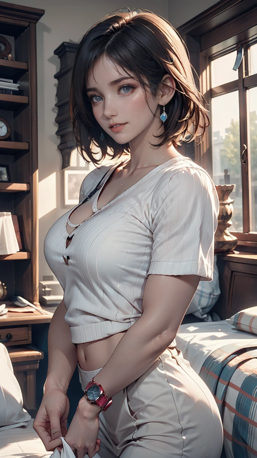 Lucy Pinder, portrait, face portrait, smiling, voluptuous, red lips, short hair, black hair, cleavage, buttoned blouse, white blouse, belt, red skirt, sitting.