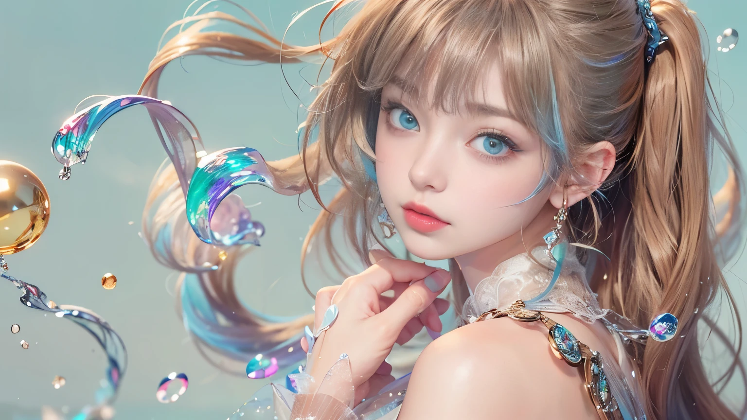 ( Masterpiece), ( fringe), ( porn theme), ( disheveled hair ), (form), ( A Girl), (fashionable clothes), They are standing, model, observer, (interview), ( simple background), beautiful and beautiful eyes , delicate and beautiful face, floating, (Alta Chroma ), (Colorful Bounce), Colorful bubbles, (brilliance), focus on the face, ponytail clothing, light blue hair , fringe, hair ring, flores floatings, cabelos floatings, (o brilliance), Better lighting, best shade , big boobs, firm and wobbly