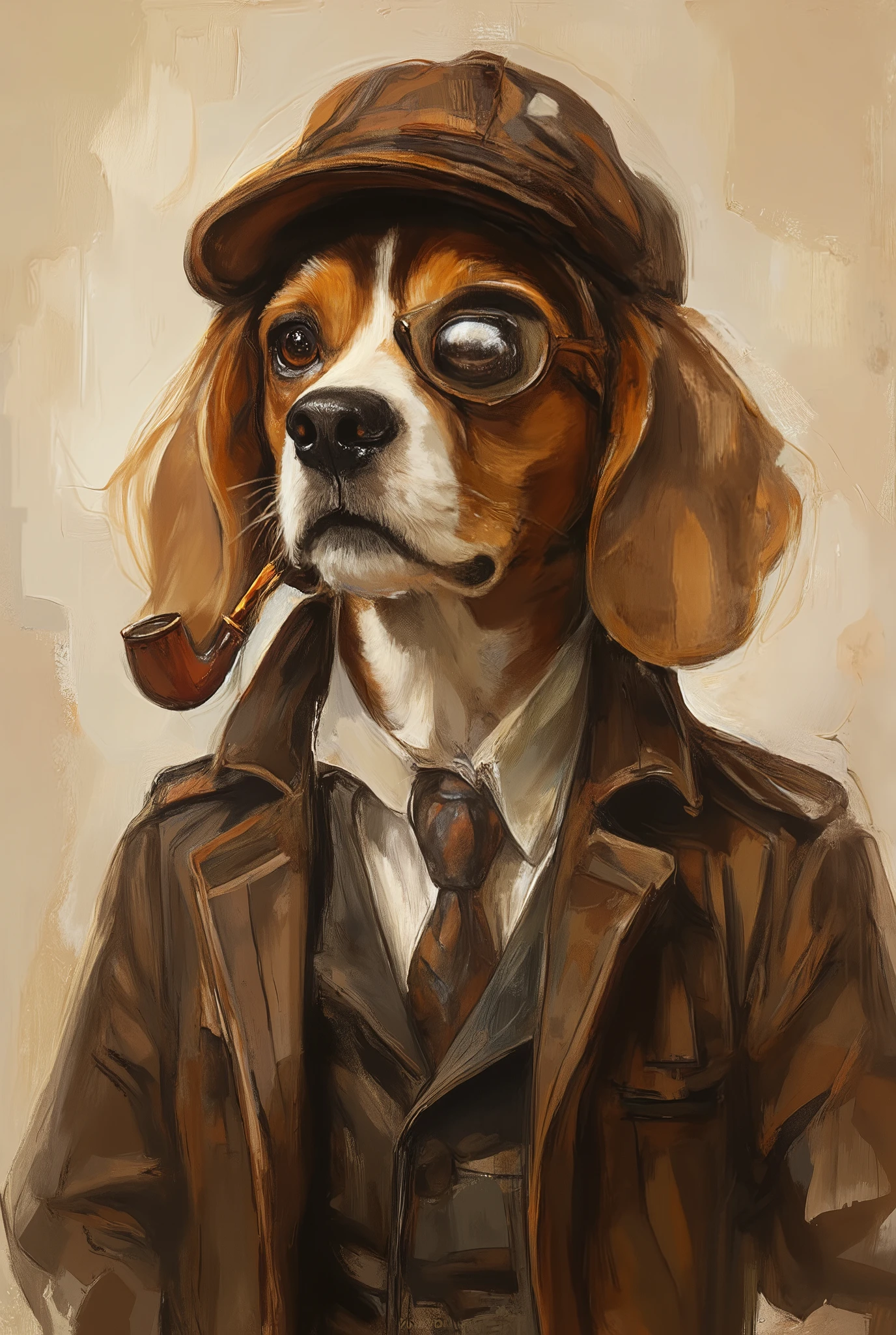 Anthropomorphic beagle dog Burberry check dressed as Sherlock Holmes, portrait, Toy tobacco pipe, monocle, ultra detailed, absolutely resolution, masterpiece, illustration art