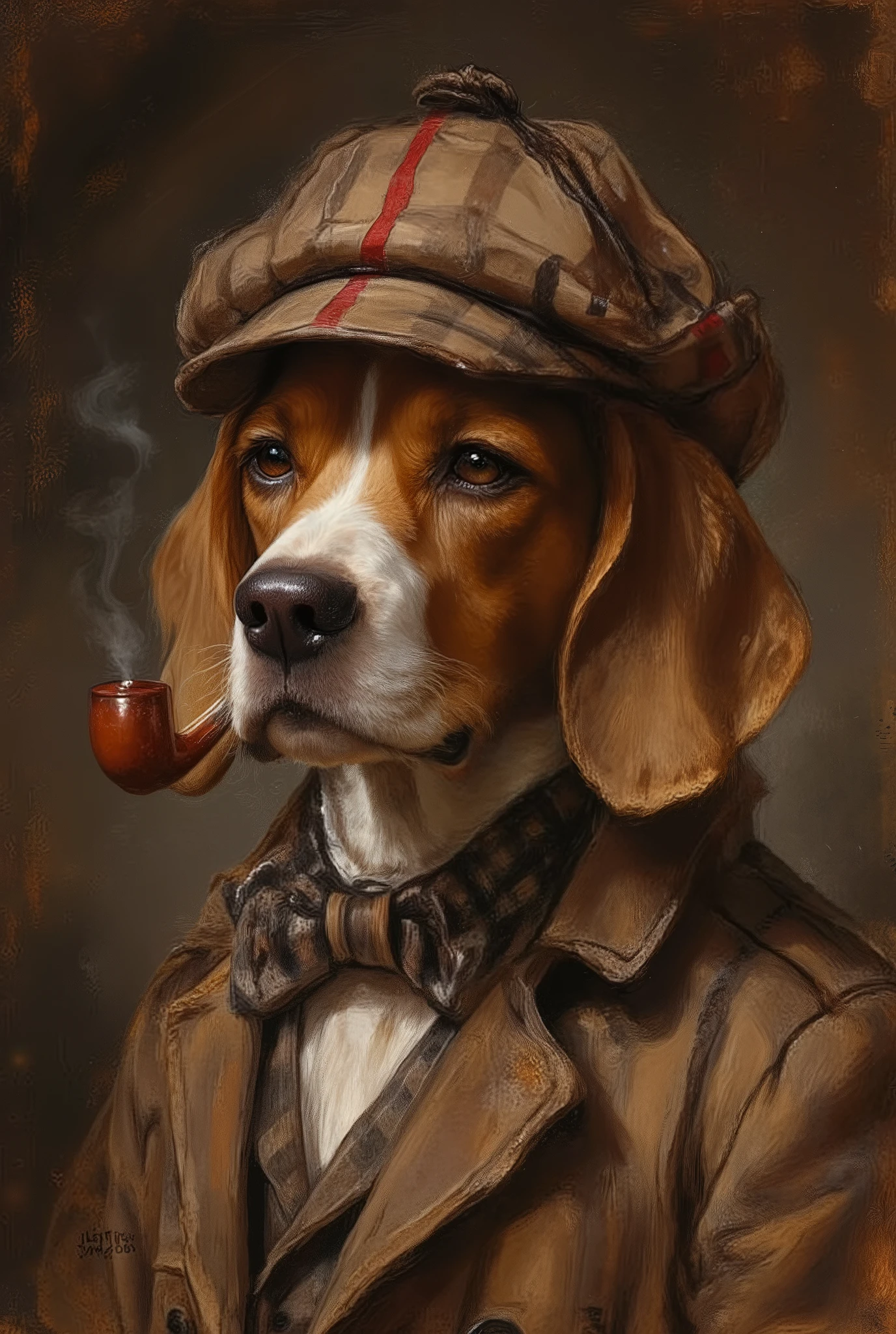 Anthropomorphic beagle dog Burberry check dressed as Sherlock Holmes, portrait, Toy tobacco pipe, monocle, ultra detailed, absolutely resolution, masterpiece, illustration art