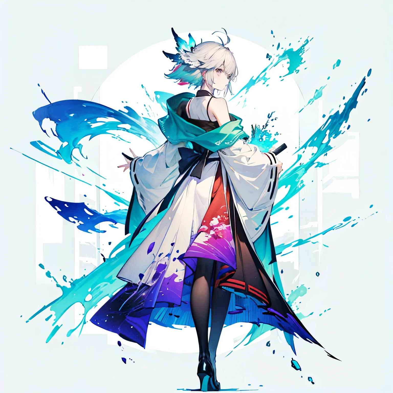 best quality,highly detailed,masterpiece,solo,watercolor_medium，from behind,back focus,looking at viewer,from above,,full body,1 ，simple background,,flat color, octane render,official art,Chinese style,miko,miko,grey_hair,ahoge,blunt_bangs,hime_cut,long_hair,aqua_eyes,loliasion,Silver mage robes，very long skirt，layered skirt,robe,looking to the side,looking away,