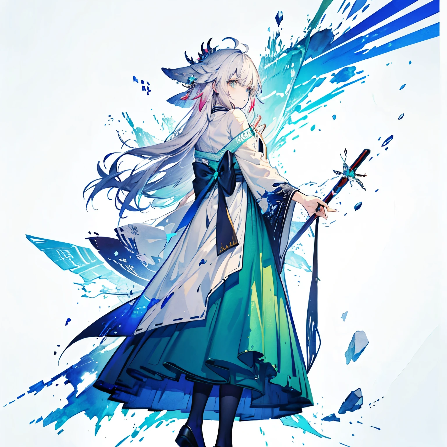 best quality,highly detailed,masterpiece,solo,watercolor_medium，from behind,back focus,looking at viewer,from above,,full body,1 ，simple background,,flat color, octane render,official art,Chinese style,miko,miko,grey_hair,ahoge,blunt_bangs,hime_cut,long_hair,aqua_eyes,loliasion,Silver mage robes，very long skirt，layered skirt,robe,looking to the side,looking away,