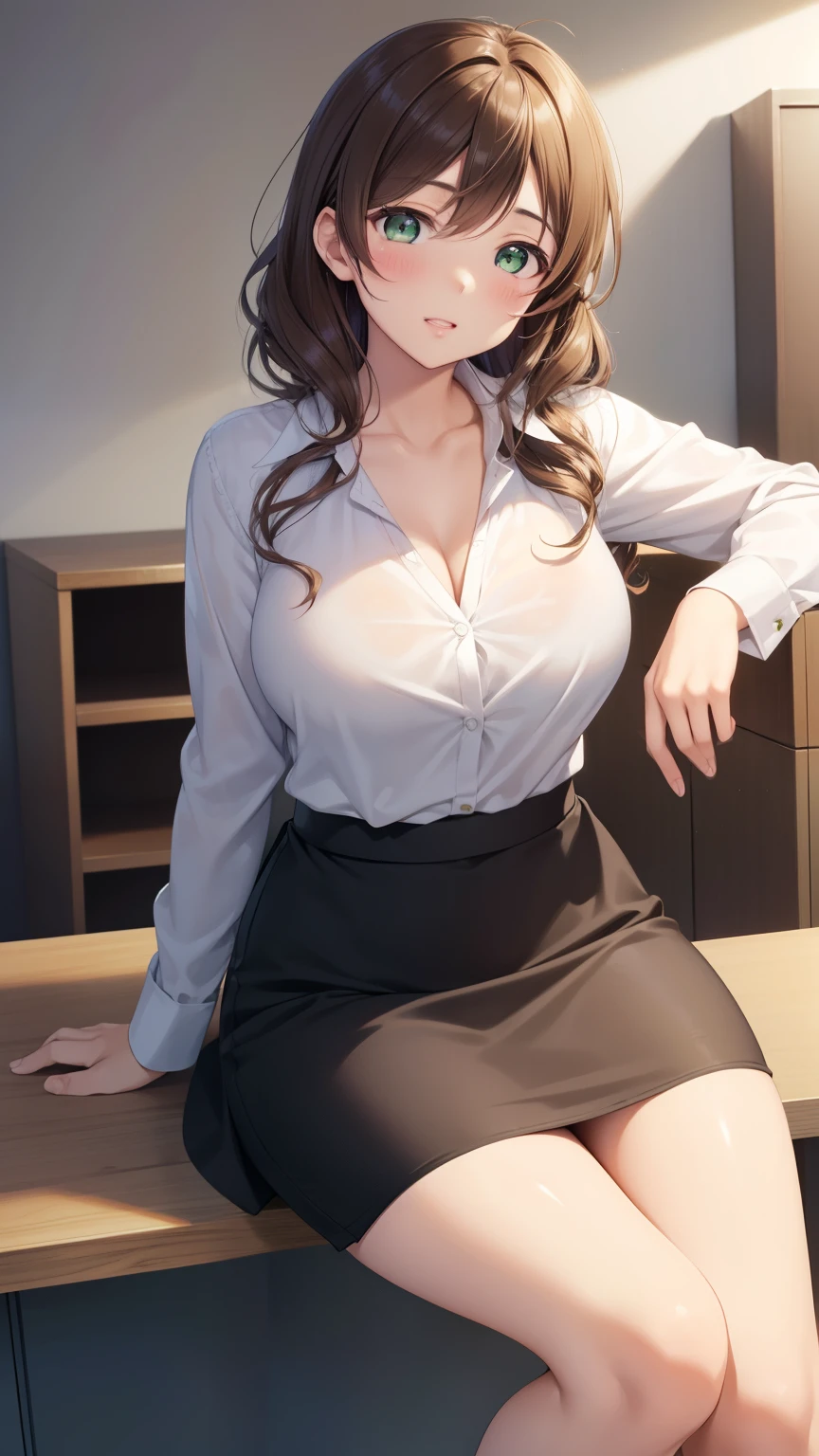 /(Modern office indoors/), 1 Lady Solo, /(Black medium hair/) Bangs, /(Office Casual Pencil Mini Skirt Green/) /(ID Card/), blush gentle smile, (masterpiece best quality:1.2) Delicate illustrations High resolution super detail, Large breasts,White panty