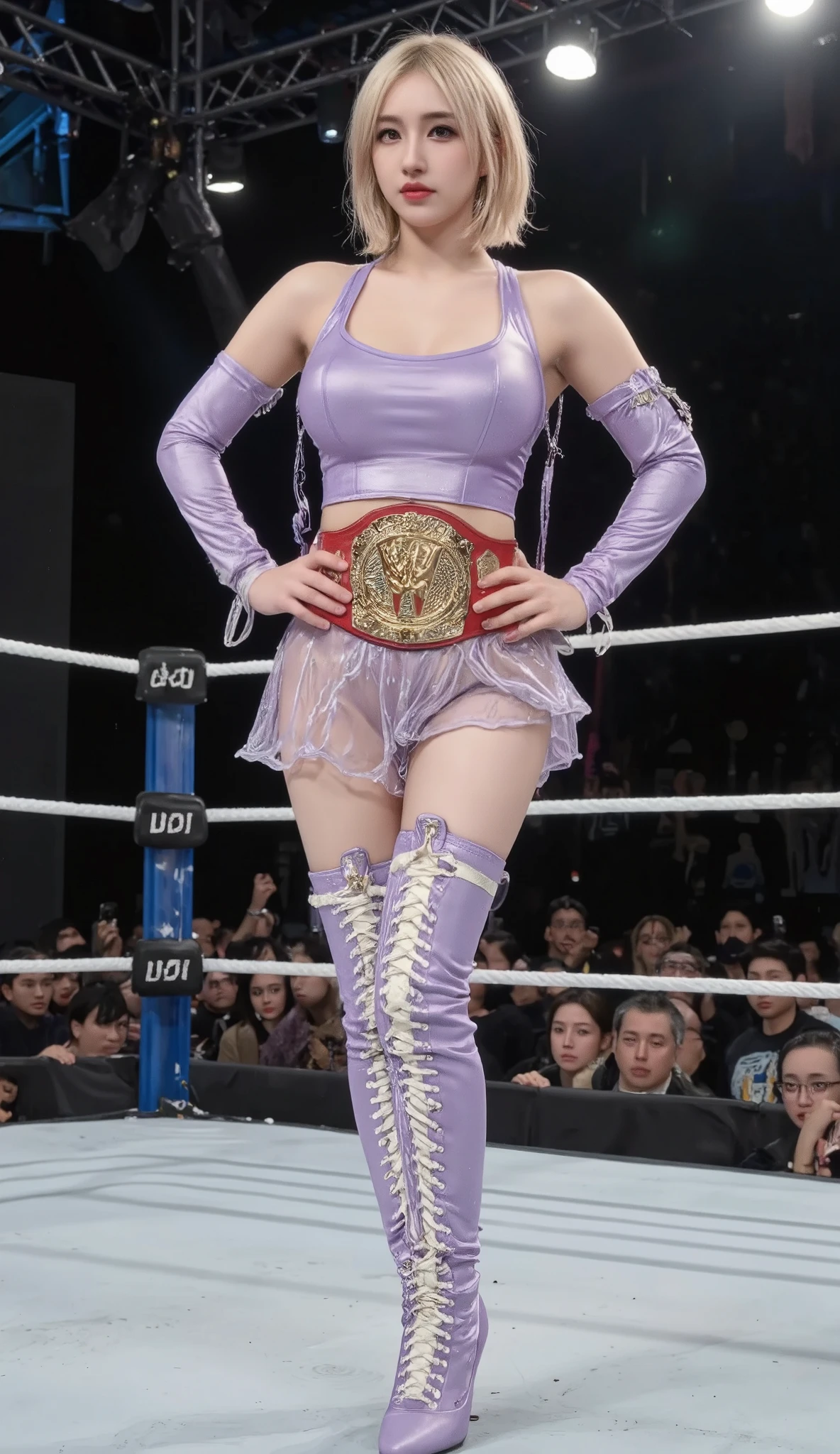female pro wrestler、On top of the ring々 looking at viewers with an arrogant expression 、He wears a red and gold championship belt around his waist、(Large Champion Belt :1.5)、Luxurious decoration on the championship belt、 with her hands on her hips、 bob cut hair-、gold mesh colored hair、The face is cute、20 years old、( young)、 has a big smile、(Big Breasts:1.5)、Ring costume with a cute design based on violet and pearl white、Costumes that look gorgeous、(one-piece costume with intricate pattern)、Can you tell abs even from the top of a costume、I'm sweating after the game、Ring shoes based on violet, pearl white, and light blue、ring shoes up to the knee、 dark lights 、 spotlights are shining around、( Supreme Masterpiece)、( top quality)、( Top Quality)、8k