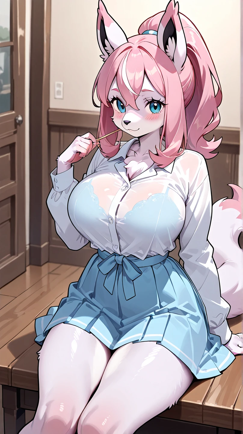 Beautiful round medium breasts, 1 girl, ((light pink curly hair, heart clip, hair decorated with petals)) ((wolf girl, Cute wolf furry ears)) clear green eyes, has a beautiful sensual body with freckles, with full breasts and thin waist, HIP HOP Beautiful and cute pleated skirt, beautiful puff sleeve blouse, delicate woven women&#39;s belt, has a bold appearance. Youngh, 品質, realisitic, best 品質, cute expression, pink lipstick lips, cute smile, leaning, In the park sitting on the grass, cherry tree nearby