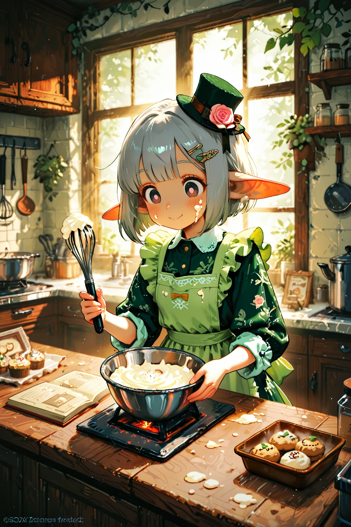 score_9, score_8_up, score_7_up, UHD, Masterpiece, amazing quality, very aesthetic, absurdres, ultra-detailed, 1girl\solo\(elf, pointed ear:1.3, silver bob cut,  mini hat\pink rose\lace, Intricate:1.3\Green leaf dress\frill, lace), (magic\wind & light magic:1.3, smile), BREAK, BREAK, (Cute animal hamster\animal, Djungarian, round eyes, fluffy fur), BREAK, BREAK, BREAK, panorama:1.2, cinematic:1.3, baking sweets

detailed features:
(delicate facial features:1.3), (gentle smile:1.2), fair skin, round eyes, (slight flour on cheeks:1.1), kitchen background

clothing details:
pastel colored apron, frilly dress underneath, hair clips, (rolled up sleeves:1.2)

baking elements:
mixing bowl, whisk, (cookie dough:1.2), decorated cupcakes, pastry tools, kitchen counter, (sprinkled flour:1.1), cookbook

lighting and atmosphere:
soft lighting, warm kitchen atmosphere, afternoon sunlight through window, cozy interior

Negative prompt:
bad , bad proportions, extra limbs, lowres, blurry, text, watermark, oversized ears, adult features, messy background, dark atmosphere
