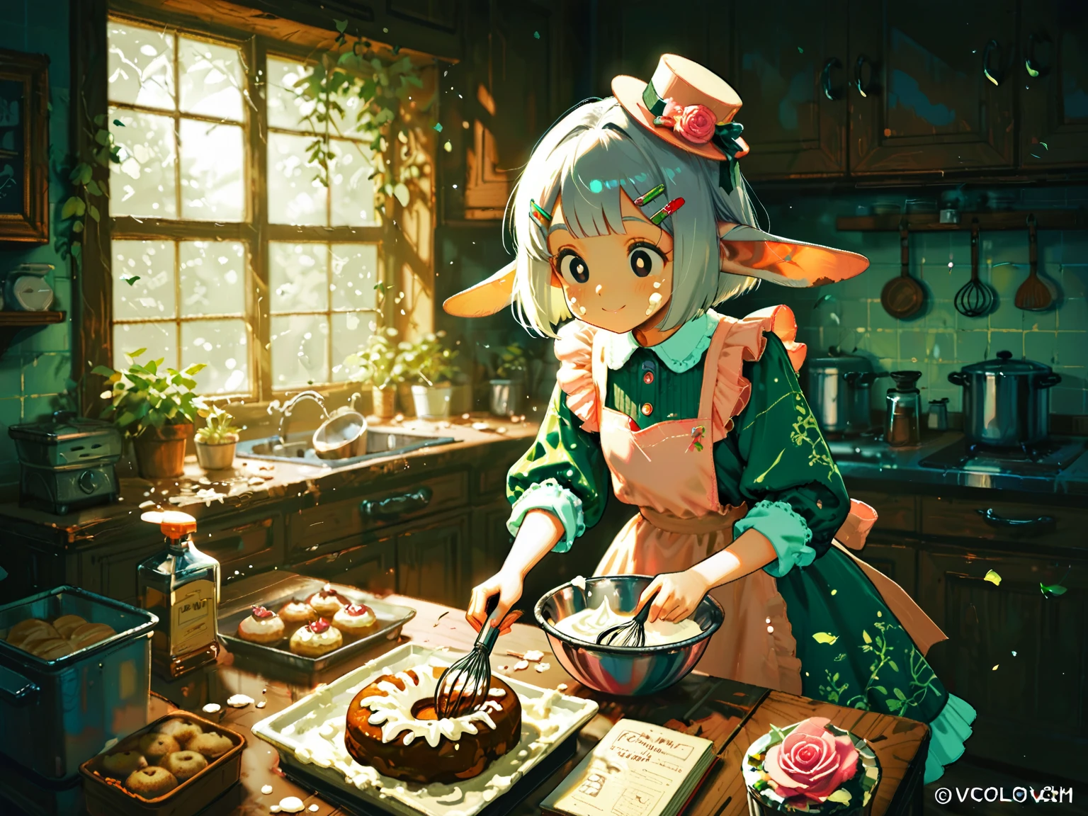score_9, score_8_up, score_7_up, UHD, Masterpiece, amazing quality, very aesthetic, absurdres, ultra-detailed, 1girl\solo\(elf, pointed ear:1.3, silver bob cut,  mini hat\pink rose\lace, Intricate:1.3\Green leaf dress\frill, lace), (magic\wind & light magic:1.3, smile), BREAK, BREAK, (Cute animal hamster\animal, Djungarian, round eyes, fluffy fur), BREAK, BREAK, BREAK, panorama:1.2, cinematic:1.3, baking sweets

detailed features:
(delicate facial features:1.3), (gentle smile:1.2), fair skin, round eyes, (slight flour on cheeks:1.1), kitchen background

clothing details:
pastel colored apron, frilly dress underneath, hair clips, (rolled up sleeves:1.2)

baking elements:
mixing bowl, whisk, (cookie dough:1.2), decorated cupcakes, pastry tools, kitchen counter, (sprinkled flour:1.1), cookbook

lighting and atmosphere:
soft lighting, warm kitchen atmosphere, afternoon sunlight through window, cozy interior

Negative prompt:
bad , bad proportions, extra limbs, lowres, blurry, text, watermark, oversized ears, adult features, messy background, dark atmosphere
