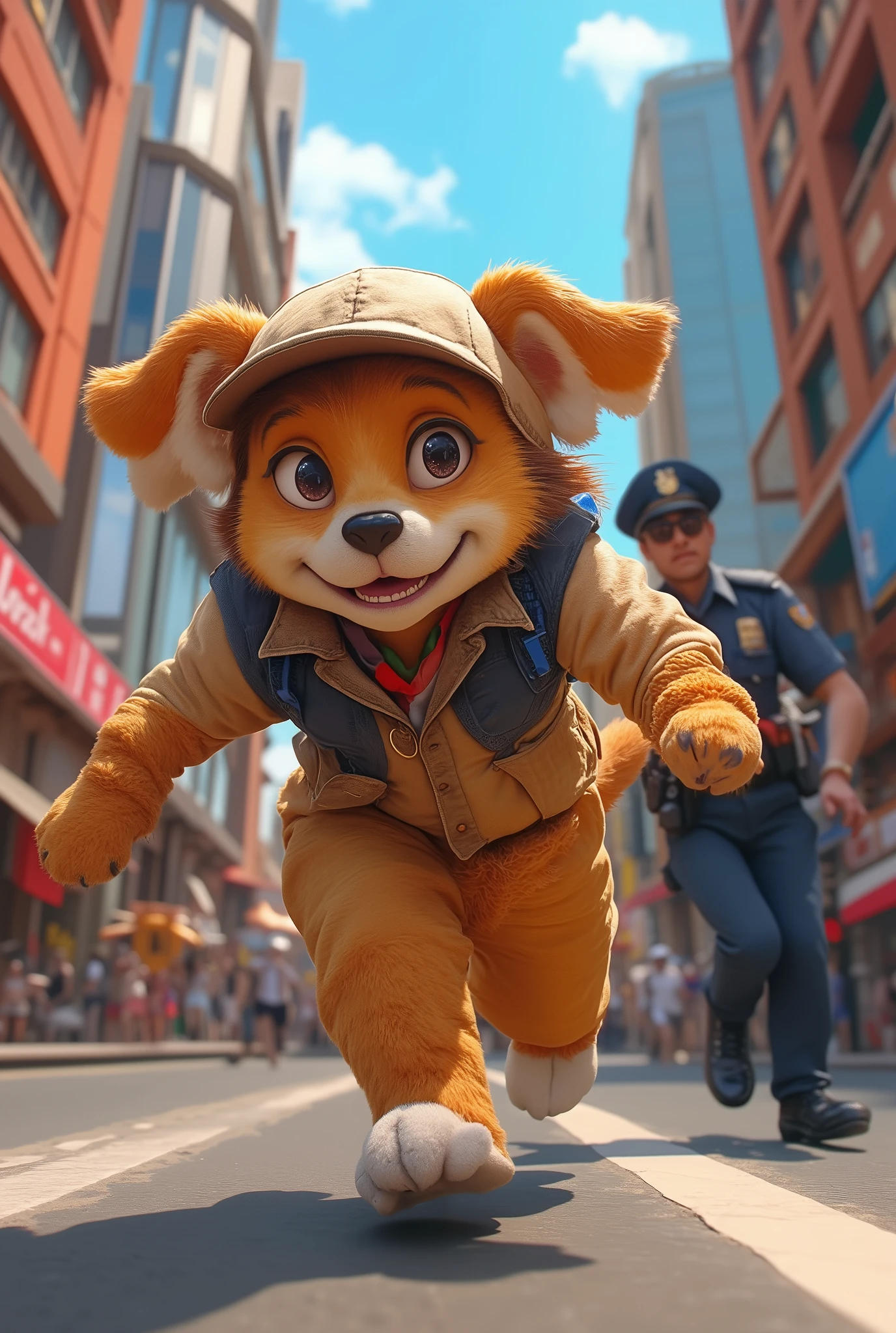 A detective in a dog costume is chasing the culprit with a police officer、 comical scene