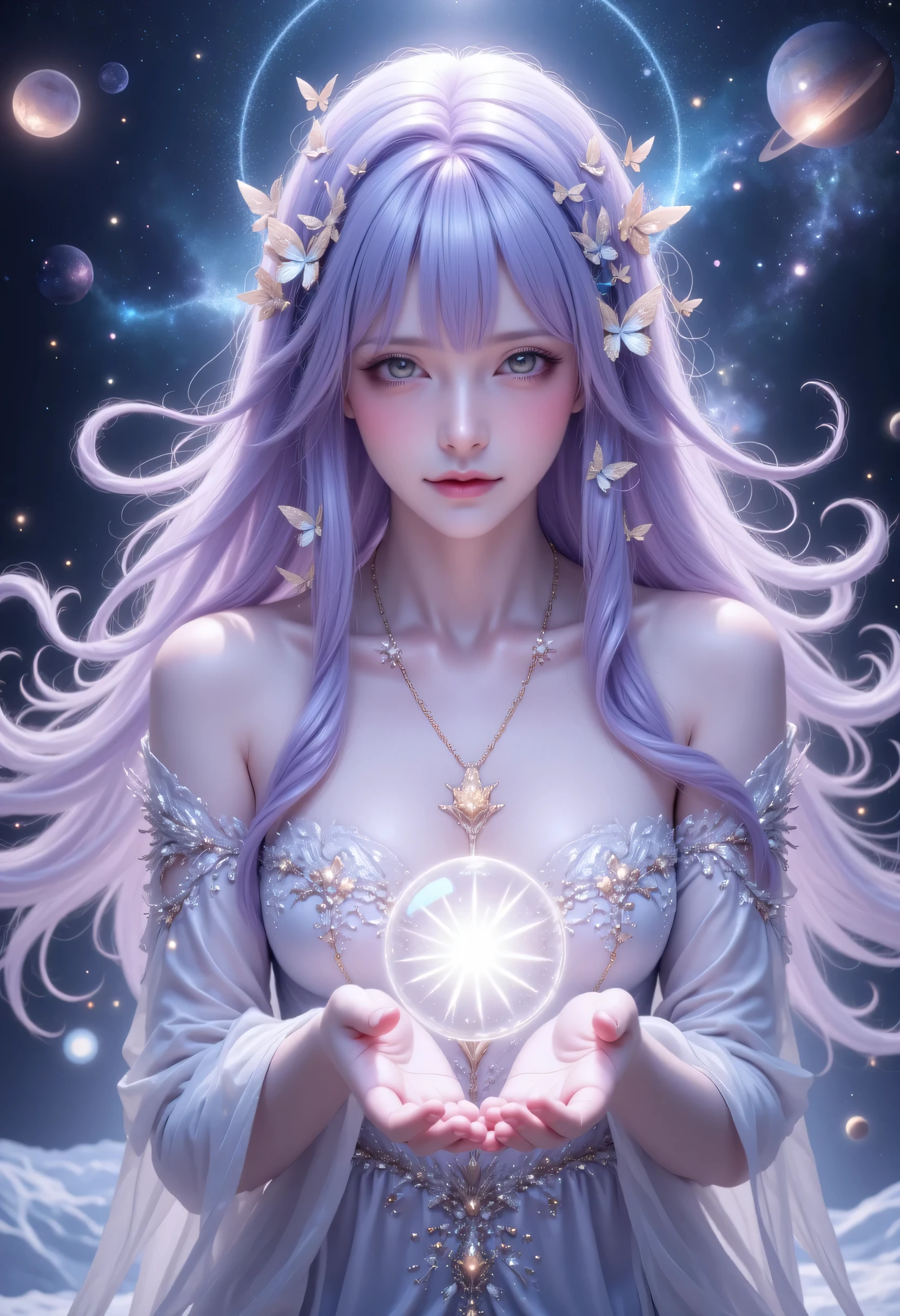 score_9, score_8_up, score_7_up, score_6_up, score_5_up, score_4_up, 1girl, solo, seductive expression,(masterpiece)), Highest quality, Very detailed,(One Girl), master piece, best quality, score_9, score_8_up, score_7_up, score_6_up, score_5_up, score_4_up, masterpiece, best quality, very aesthetic, absurdres, Score_9, Score_8_up, Score_7_up, Score_6_up, Score_5_up, Score_4_up, Source_anime, Tag1, Tag2, Best quality, High quality, Detailed, High resolution, 8k, Ultra highres, Soft saturation, Professional quality, Perfect contrast, Perfect lighting, Anatomically correct, Sensual woman, young female, seductive BREAK Face focus, detailed face focus. Sexy Idol Girl, white skin, Good style, dynamic and sexy pose, Create a mystical scene featuring an ethereal woman with long, flowing lavender hair adorned with delicate butterfly accessories. She is surrounded by a cosmic backdrop filled with stars, planets, and swirling galaxies. The woman is holding a glowing orb of energy in her hands, and her expression should convey a sense of wonder and connection to the universe. Her attire is a flowing, elegant gown that complements the cosmic theme, embellished with intricate details and shimmering effects. The overall color palette should feature deep purples, blues, and silvers to enhance the magical atmosphere.