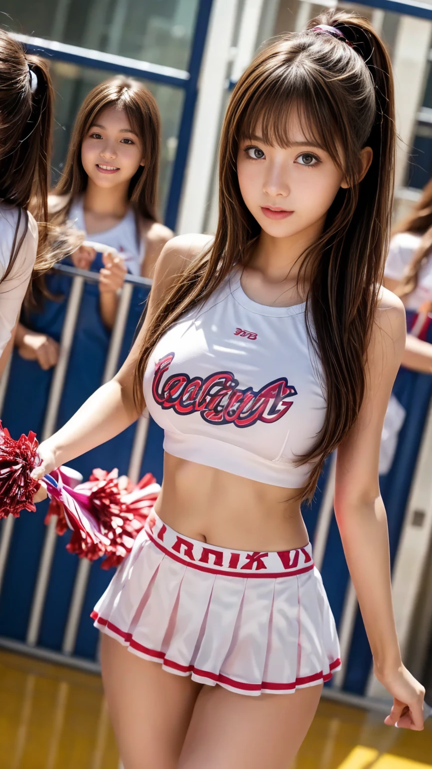 masterpiece, Award-winning work, highest image quality, best quality, very youthful beauty, shiny skin, (huge breasts: 1.2), nice body, Three cheerleader girls standing, park, from thigh to head, Sweaty and wet: 1.4, Clothes are rolled up